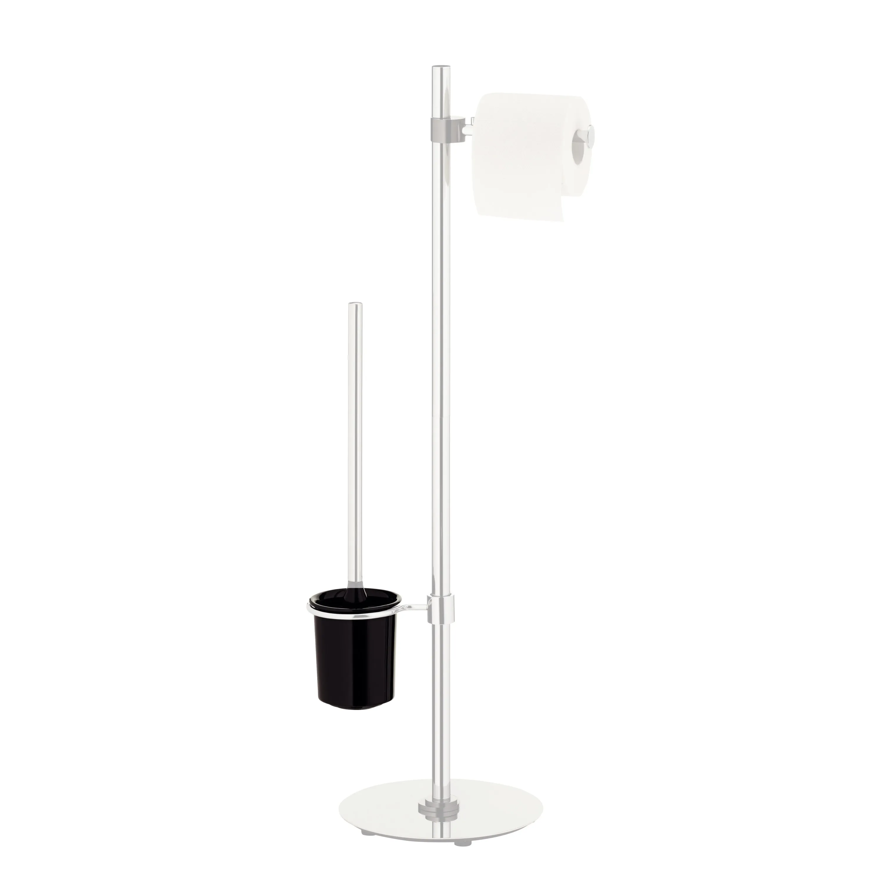 Freestanding stainless steel toilet brush and paper holder with black brush and container on round base