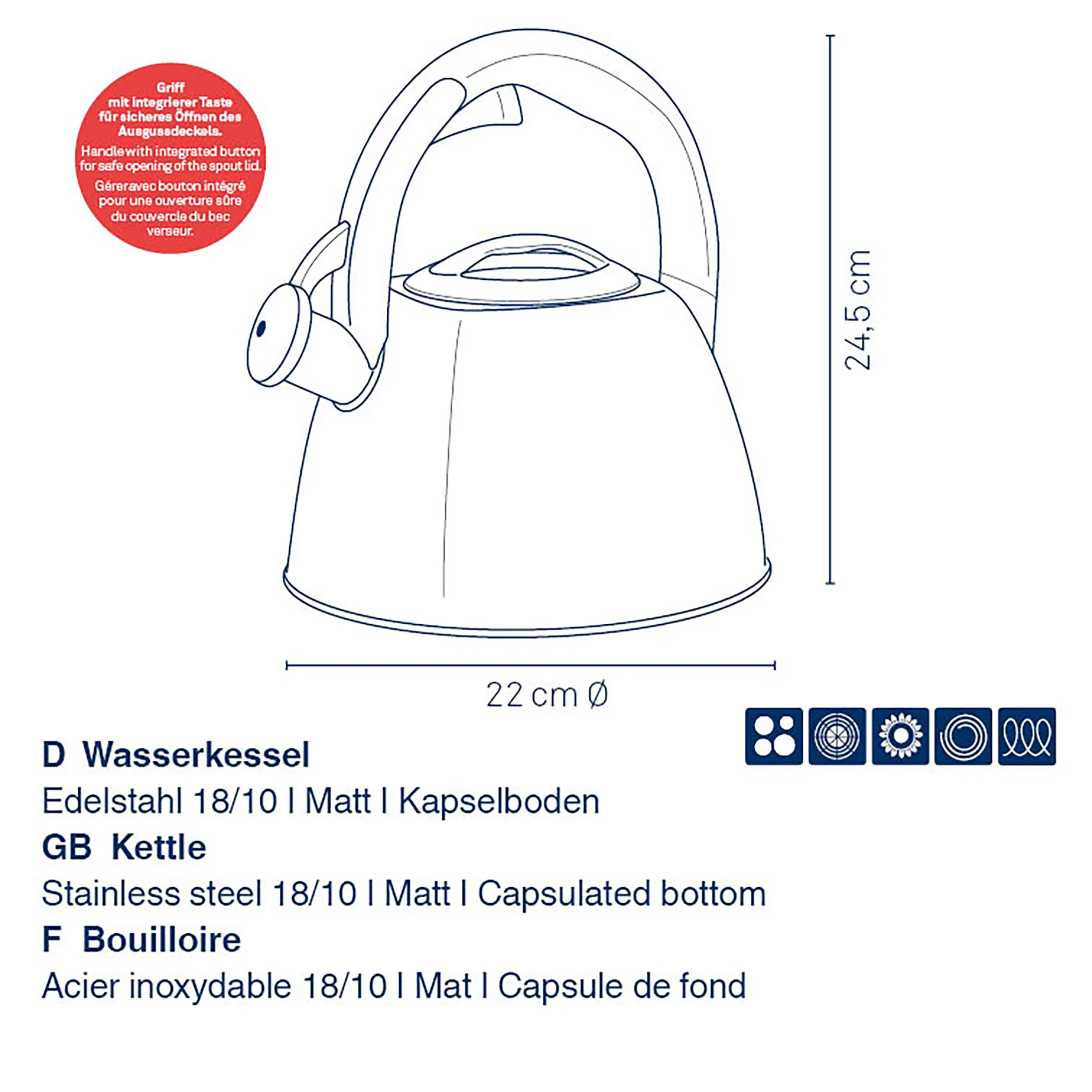 Wasserkessel Edelstahl 18/10 Kapselboden Edelstahl-Wasserkessel mit Kapselboden, 22 cm Durchmesser, 24,5 cm Höhe, mit Griff und integriertem Button