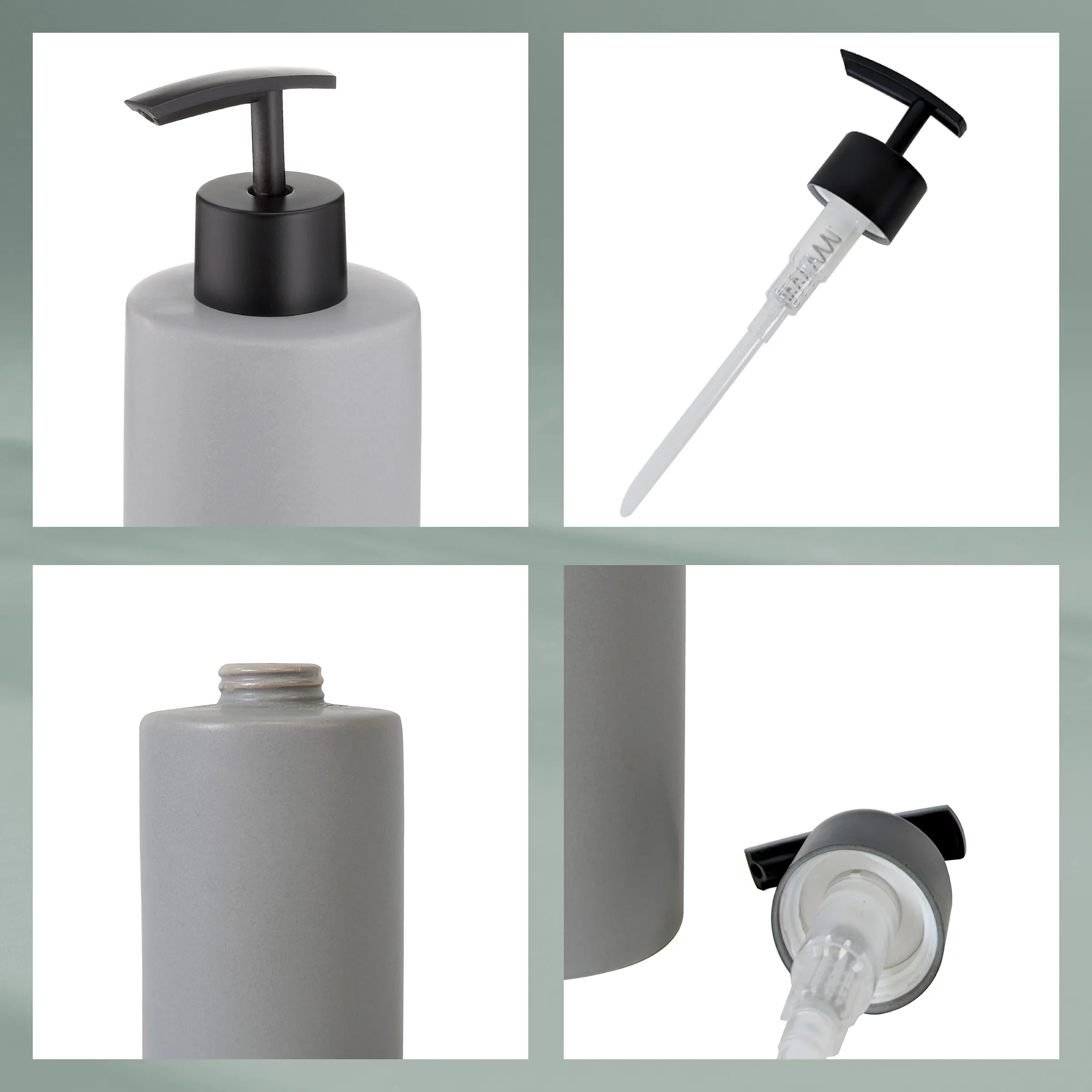 Spender und Pumpen Set für Flüssigkeiten Vier verschiedene Spender und Pumpen für flüssige Produkte: Pumpflasche, Dosierspender, Leerflasche und Sprühpumpe.