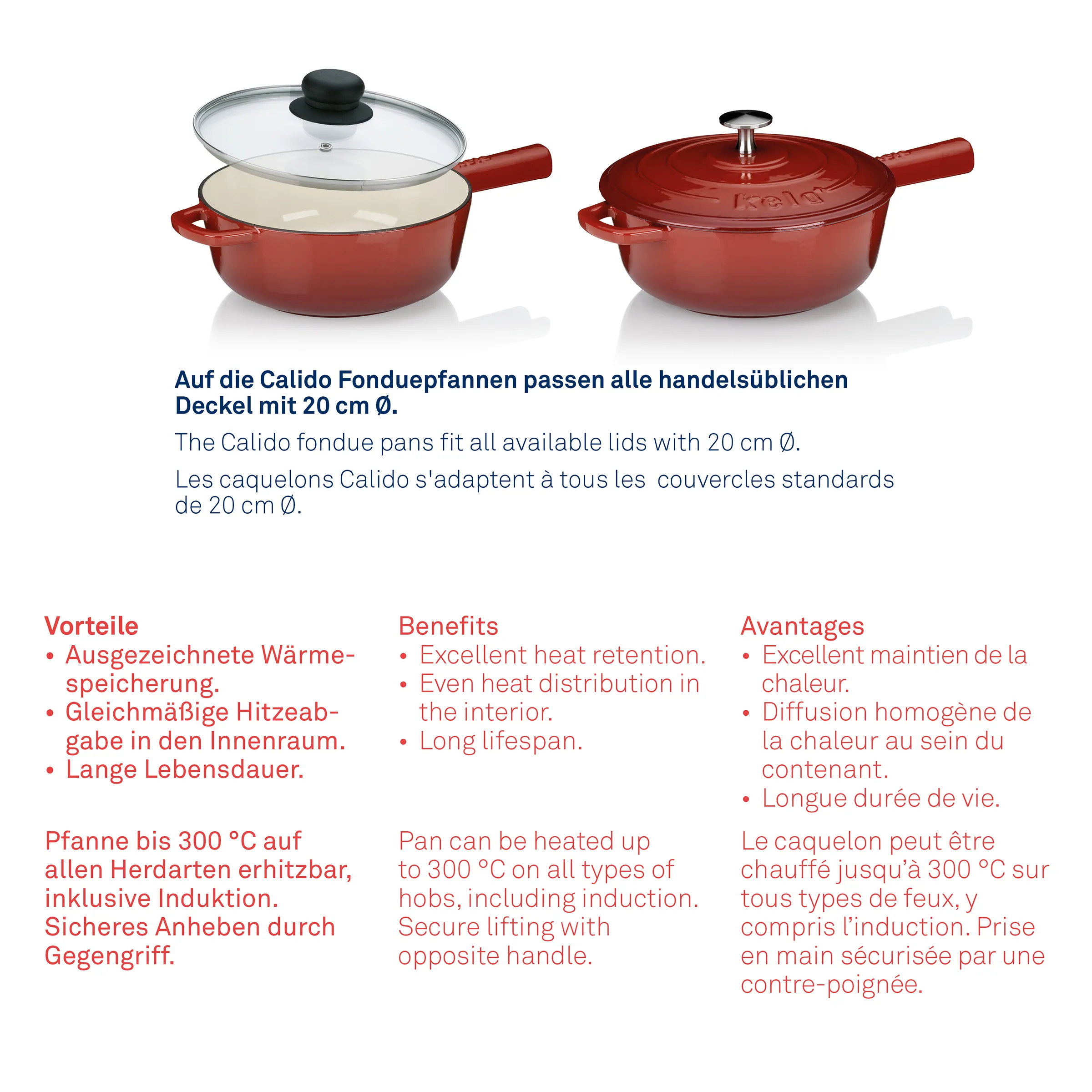 Calido Fonduepfannen Set - Induktionsgeeignet mit Glasdeckel und Gegengriff Zwei rote Calido Fonduepfannen mit Glasdeckel und geschlossenem Deckel, jeweils mit Gegengriff