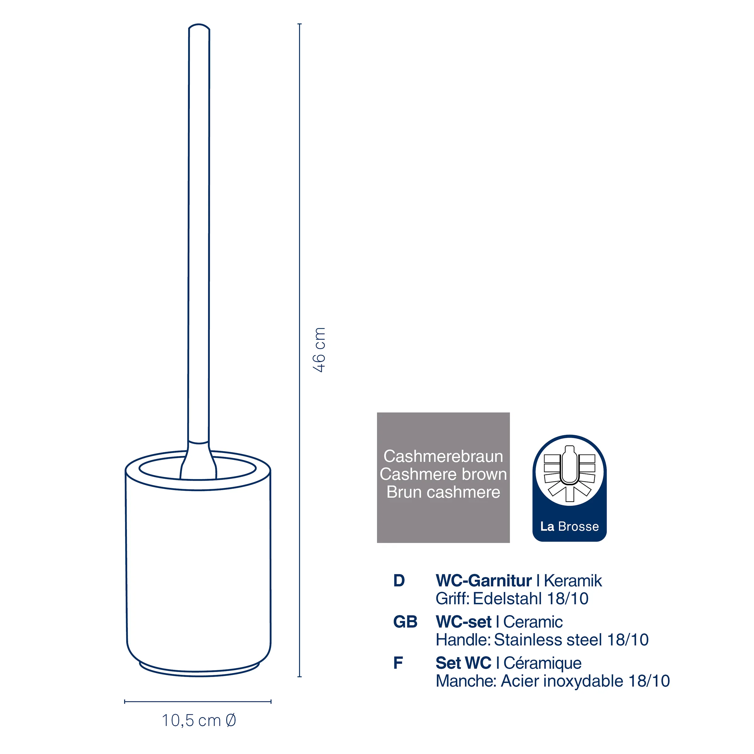 WC-Garnitur Keramik Cashmerebraun – La Brosse Toilettenbürste mit Edelstahlgriff WC-Garnitur La Brosse in Cashmerebraun, Keramikbehälter mit Edelstahlgriff, Maße: 46,6 cm Höhe, 10,5 cm Durchmesser