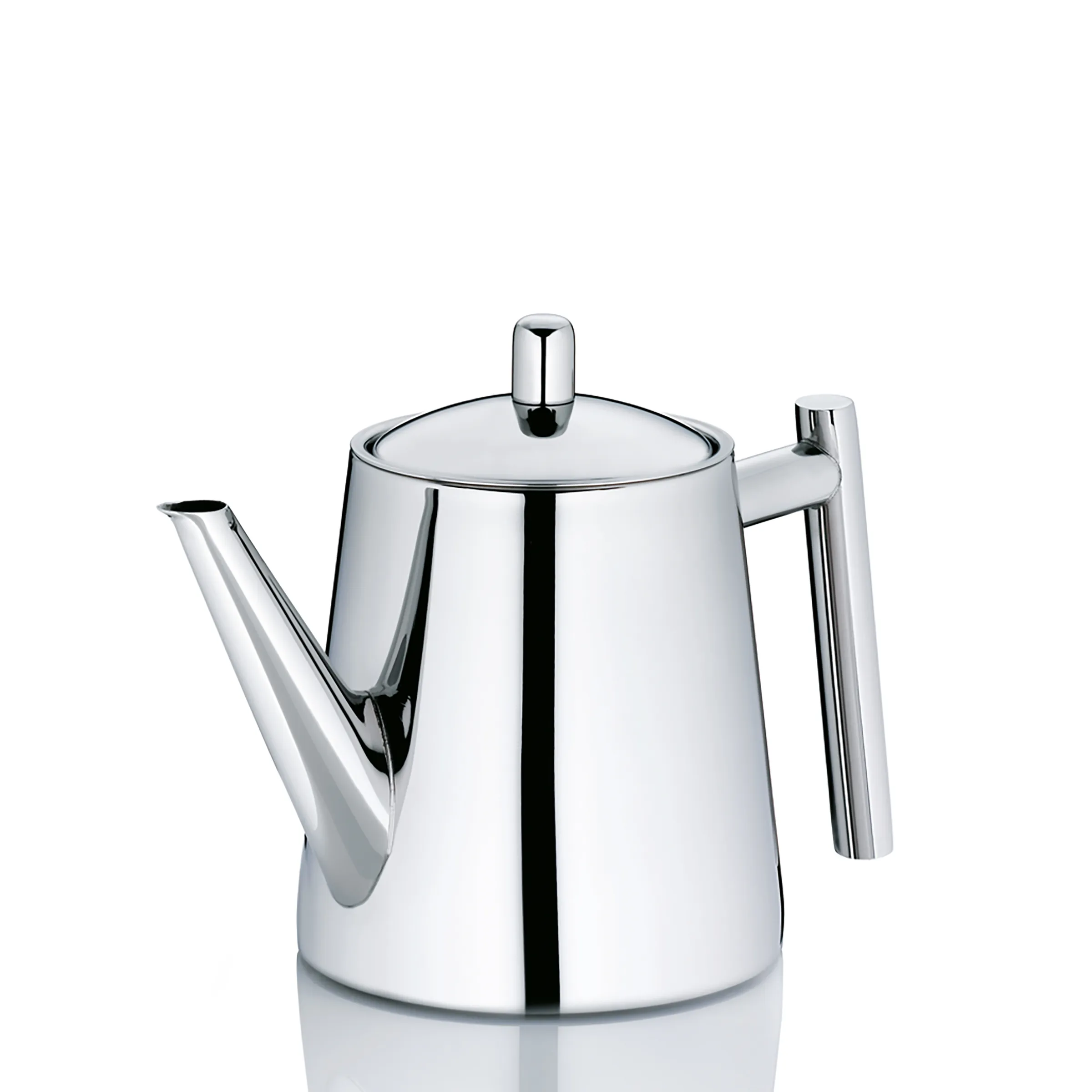 Glänzende Edelstahl-Teekanne mit Deckel und Griff, modernes Design mit spitzem Ausguss