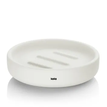 Weiße keramische Seifenschale von kela mit Rillenoberfläche und rundem Design