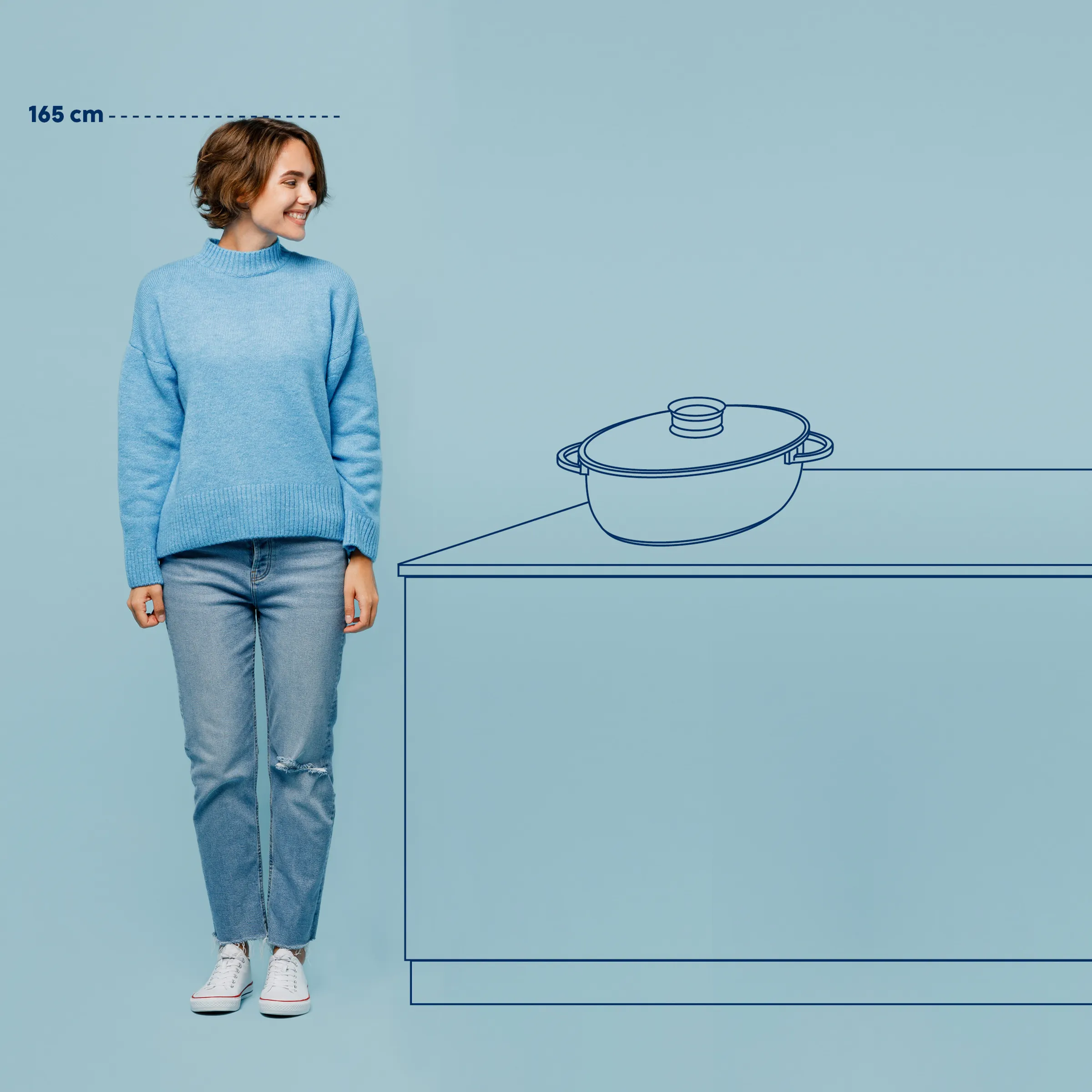Frau in blauem Pullover und Jeans neben einer Kasserole auf einem Tisch, Körpergröße 165 cm