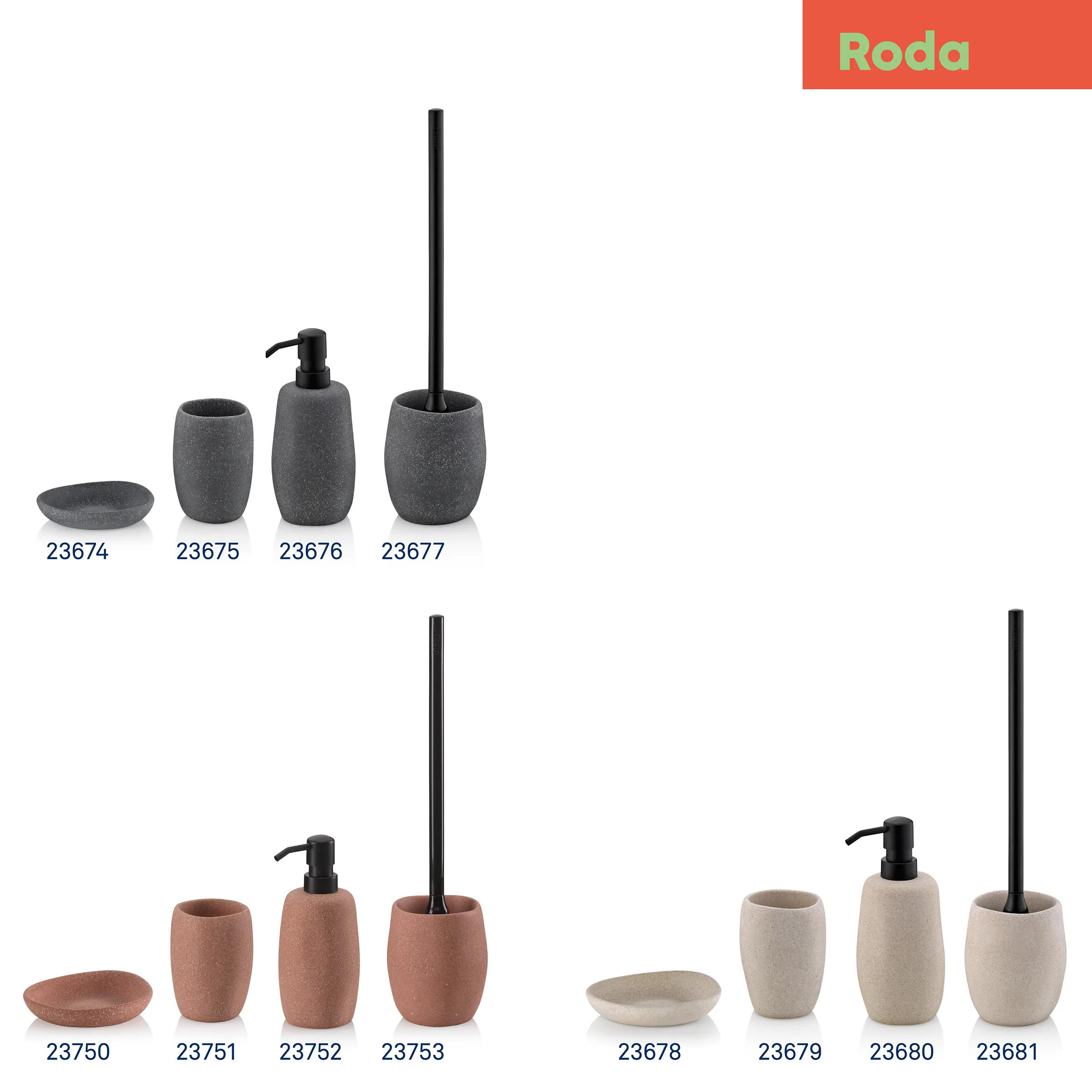 Roda Badezimmer-Accessoires Set in Grau, Terrakotta und Beige mit Seifenschale, Spender und Toilettenpapierhalter