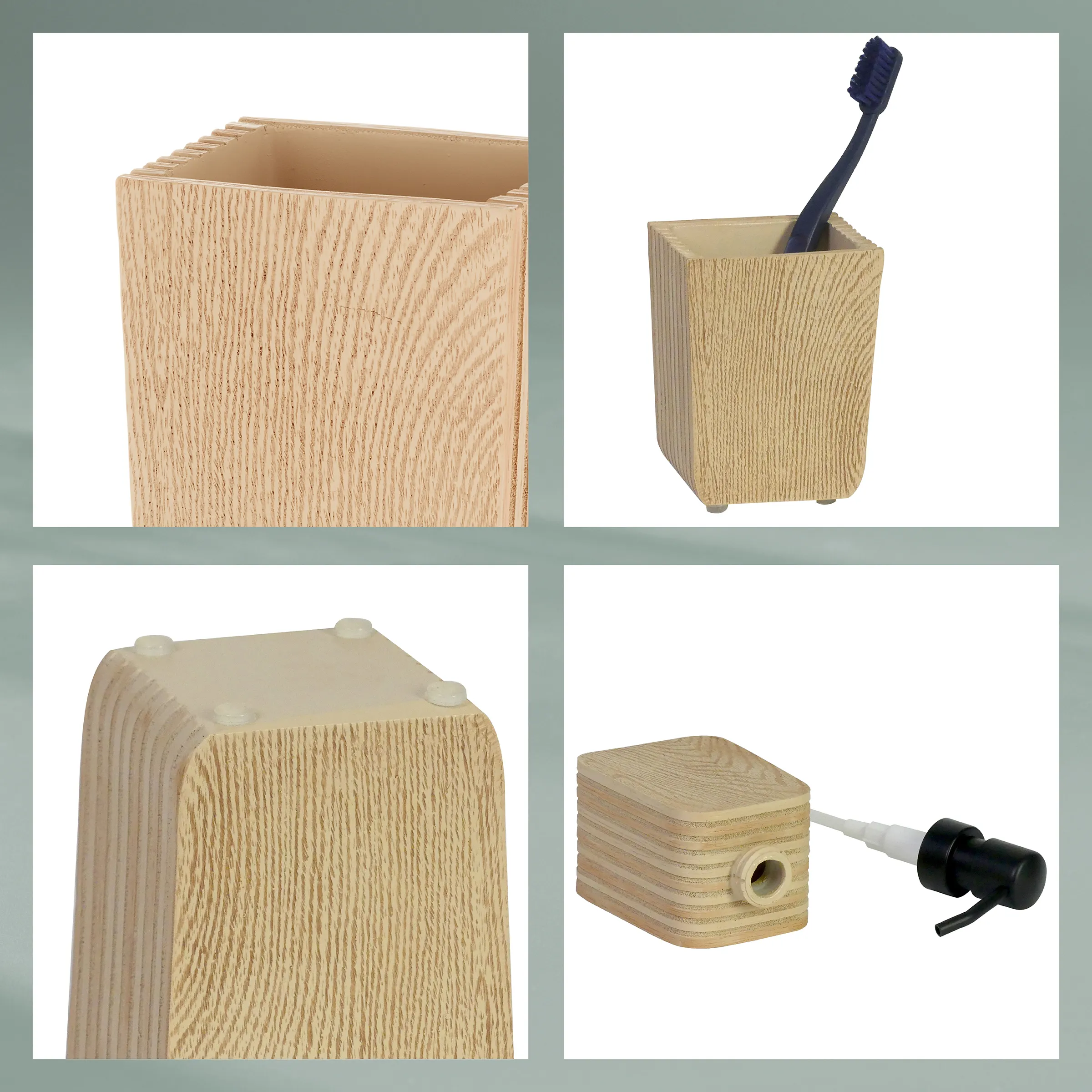 Vier Ansichten von Holzbadezimmer-Accessoires: rechteckiger Behälter, Zahnbürstenhalter, Seifenschale und Dispenser aus Holz.