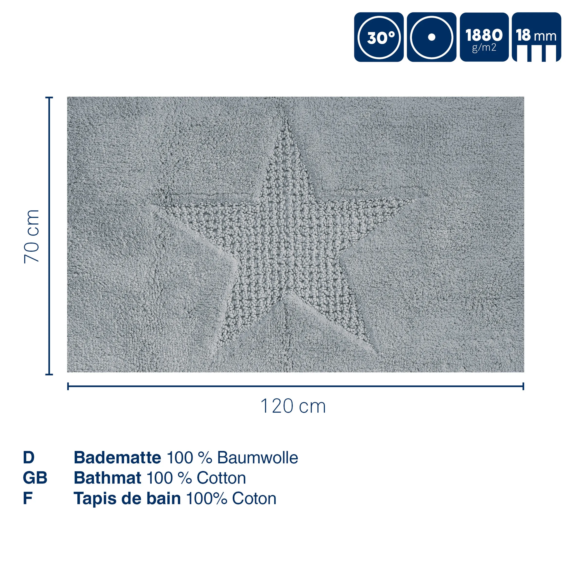 Badematte Stern 120x70 cm Baumwolle grau Graue Badematte 120x70 cm mit Sternmuster, 100% Baumwolle, 1880 g/m², 18 mm Flor