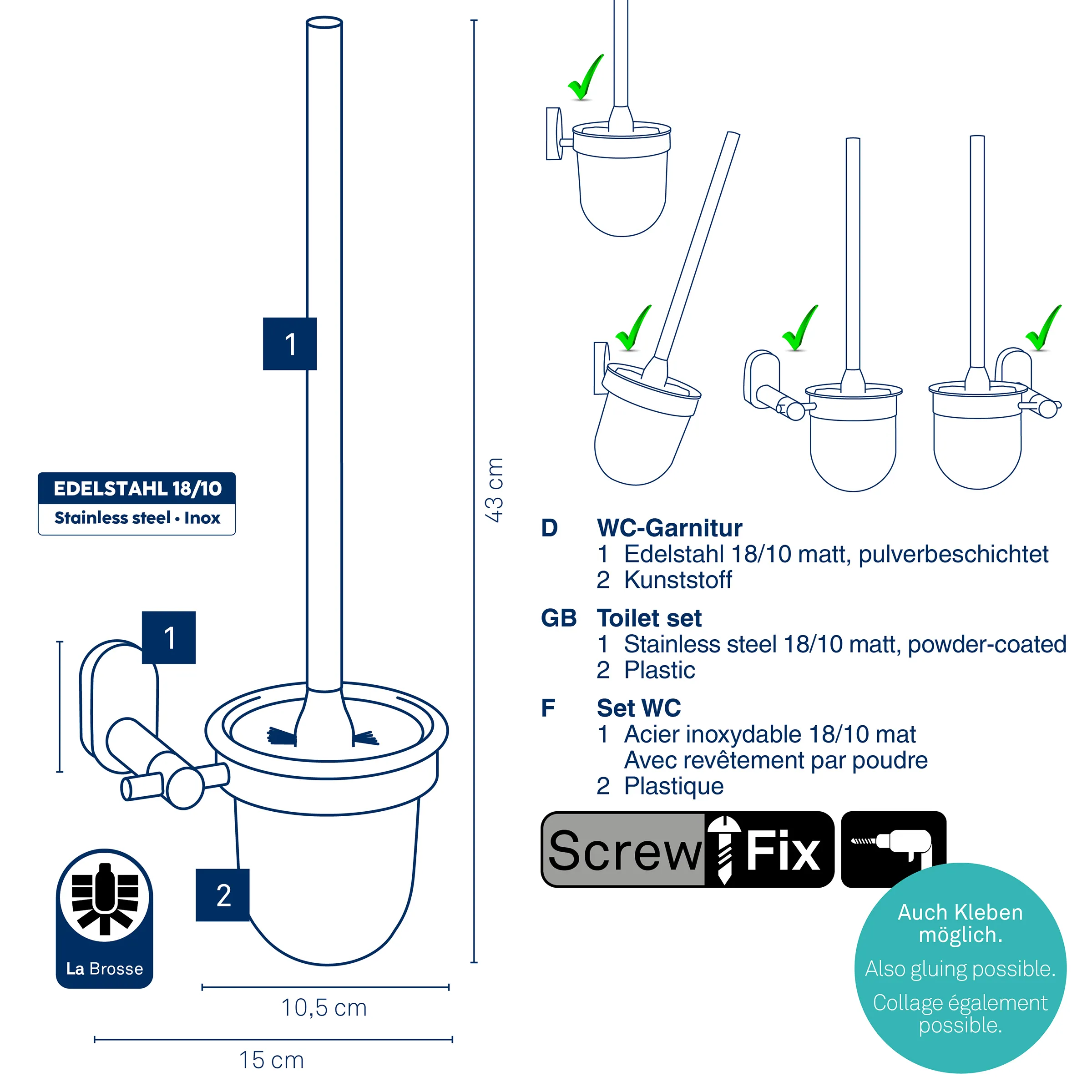 WC-Garnitur Edelstahl 18/10 Toilettenbürste mit Halter Edelstahl WC-Garnitur Set mit Halter, Bürste und Behälter aus Edelstahl 18/10 und Kunststoff