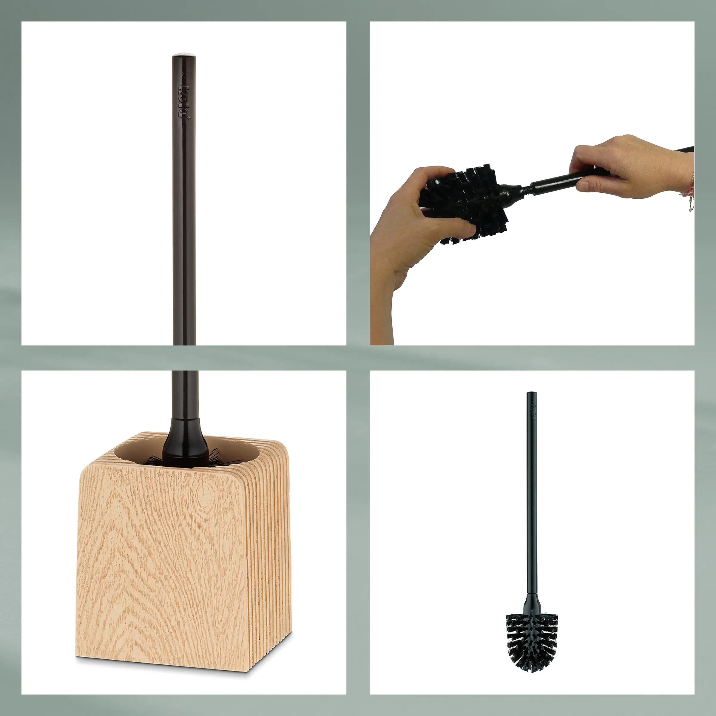 Vier Ansichten einer schwarzen Toilettenbürste mit Holzhalter und einzelnen Borsten, einzeln und in Gebrauch dargestellt.