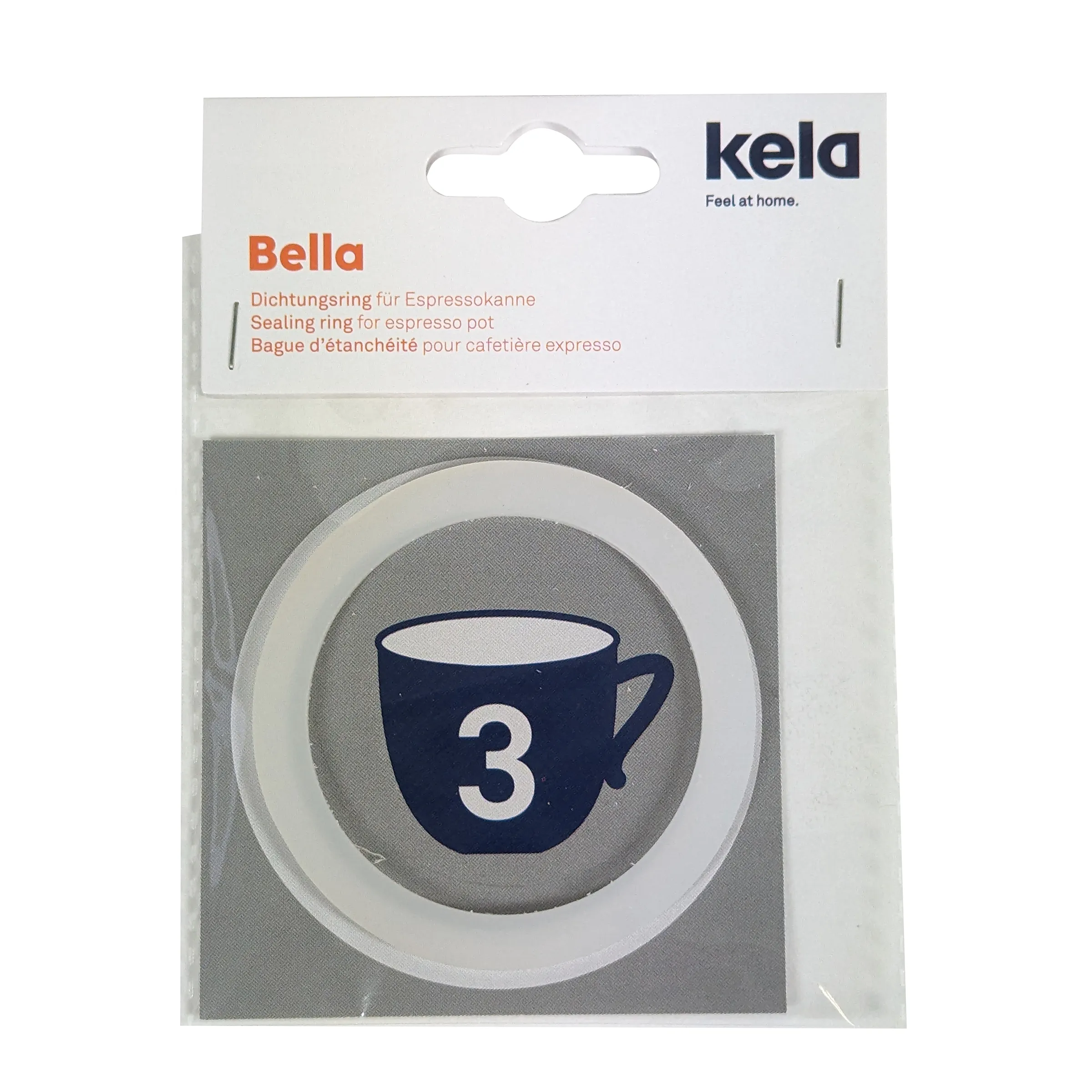 Bella Dichtungsring für Espressokanne - Kela Espresso Zubehör Kela Bella Dichtungsring für Espressokanne in weißer Farbe, Produktverpackung mit Abbildung des Rings für 3-Tassen-Modell.