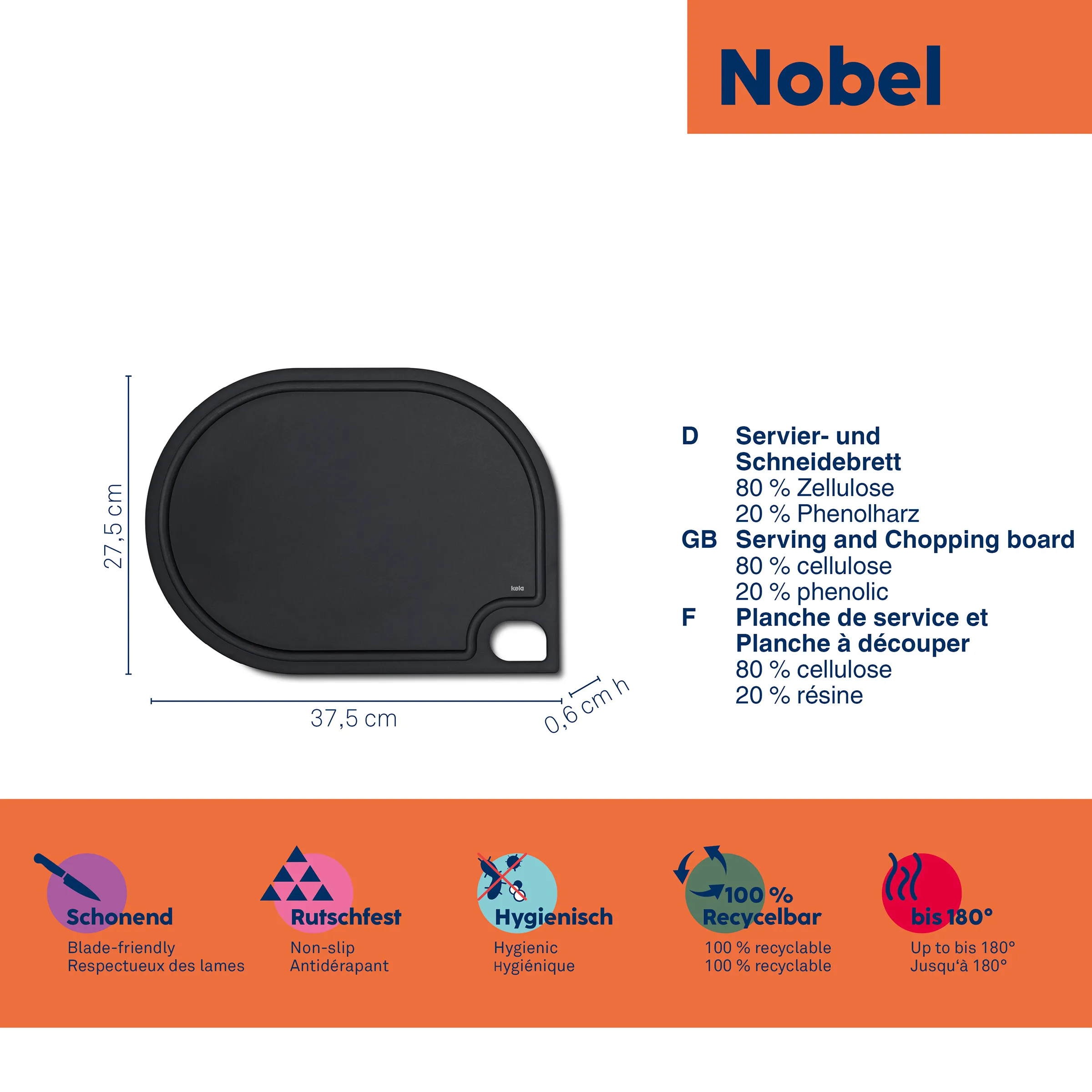 Nobel Servier- und Schneidebrett Zellulose 80% rutschfest recyclebar Nobel Servier- und Schneidebrett aus Zellulose in anthrazit, 37,5 x 27,5 cm, rutschfest und recycelbar