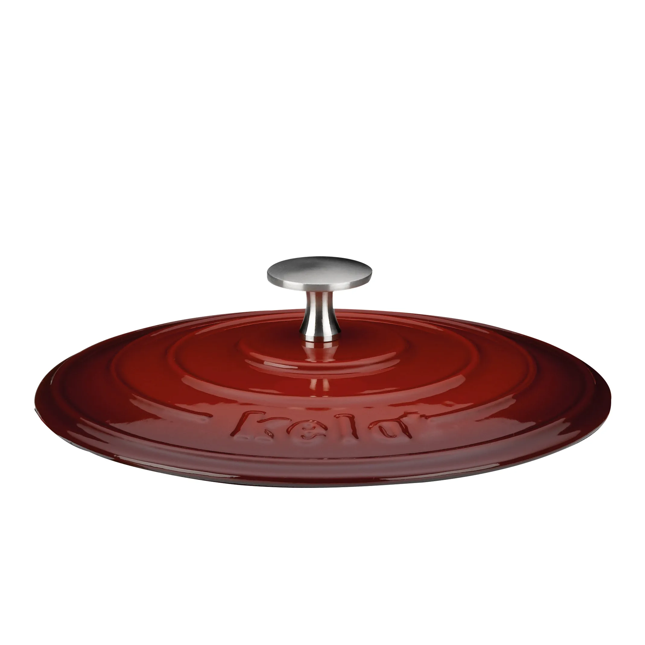 Gusseisen-Kasserolle mit Deckel rot Rote Gusseisen-Kasserolle mit Deckel und metallischem Griff von oben fotografiert