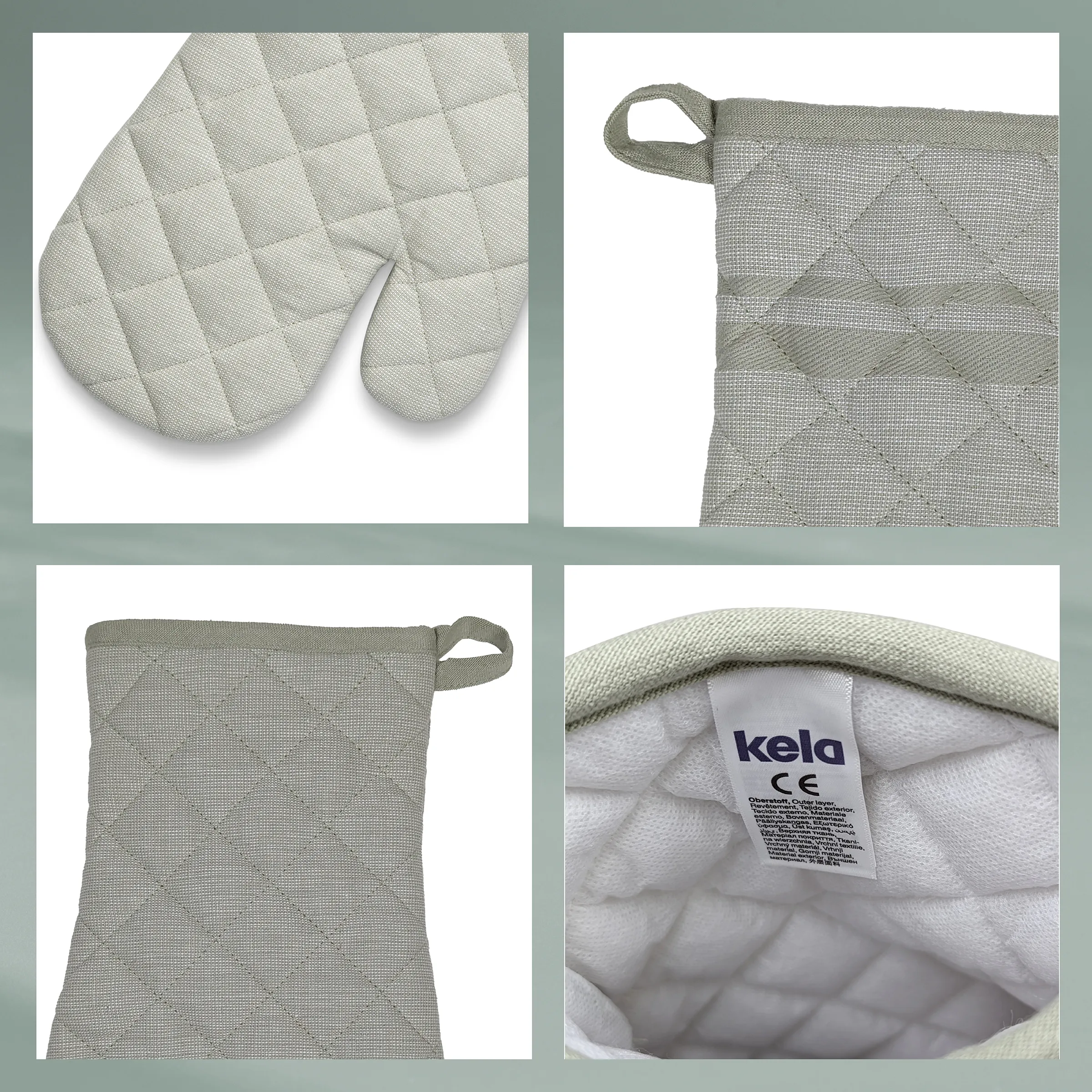 Topflappen und Ofenhandschuh mit Sternen-Muster – Kela Küchenhelfer Set Beige Beige Topflappen und Topfhandschuh mit Sternen-Muster der Marke Kela, gesteppt mit Aufhänger