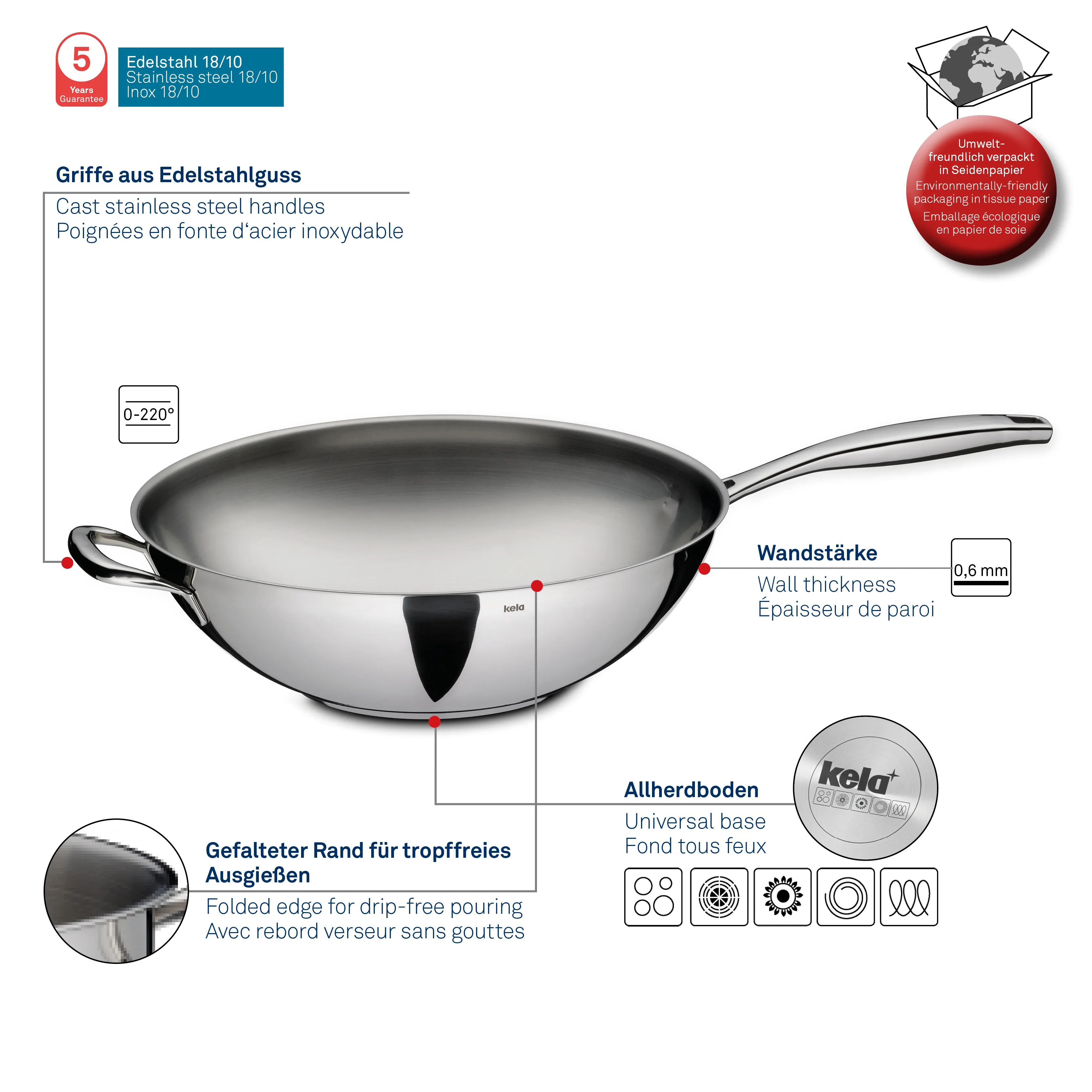 Edelstahl Wok 18/10 mit Universalboden - Hochwertige Küchenpfanne Edelstahl-Wok mit ergonomischem Griff, 0,6 mm Wandstärke, Universal-Allherdboden und Tropfrand für spritzfreies Ausgießen.
