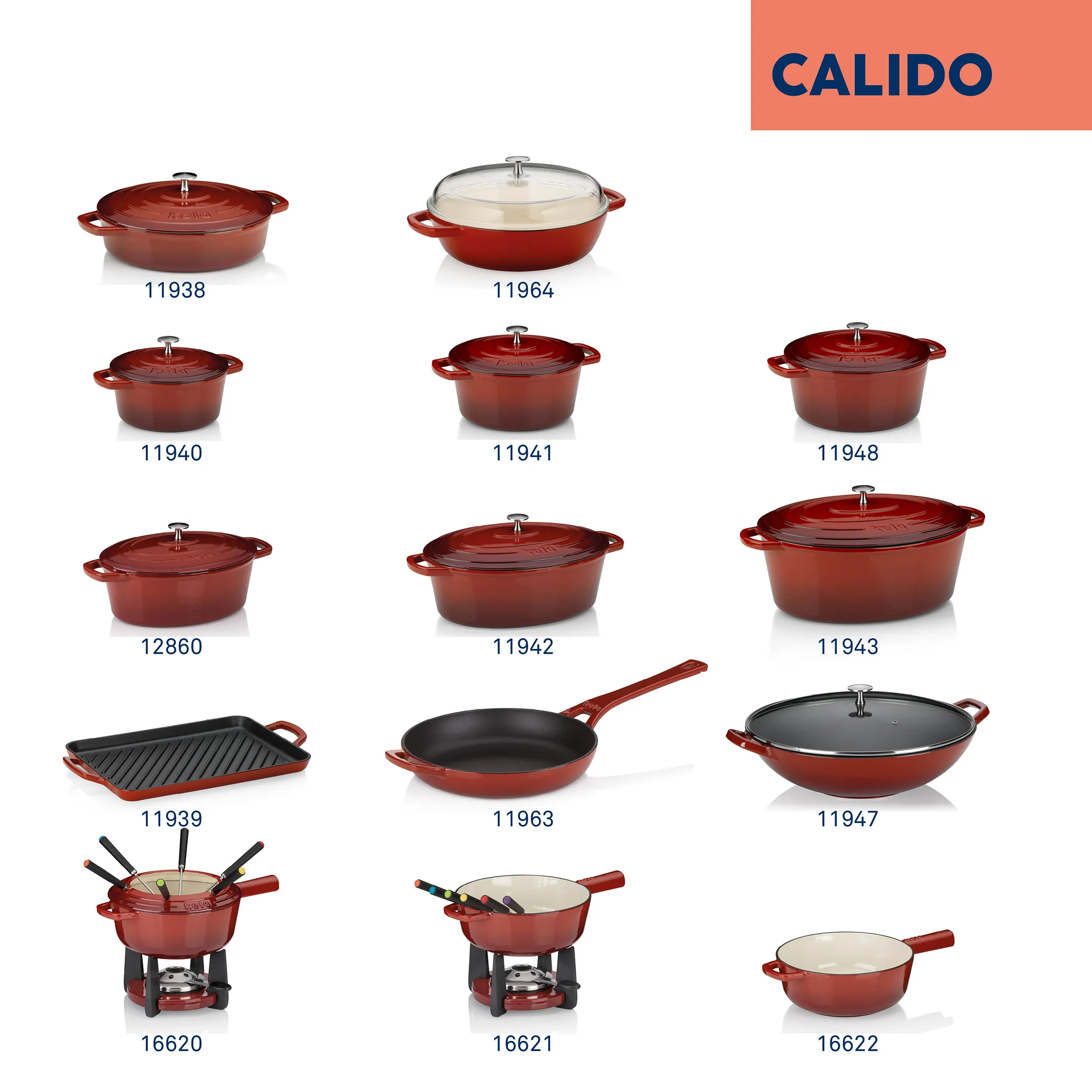 Calido Gusseisen Kochgeschirr Set - Bräter und Pfannen Calido Kochgeschirrkollektion mit roten Gusseisen-Brätern, Pfannen, Wok und Fonduesets in verschiedenen Größen.