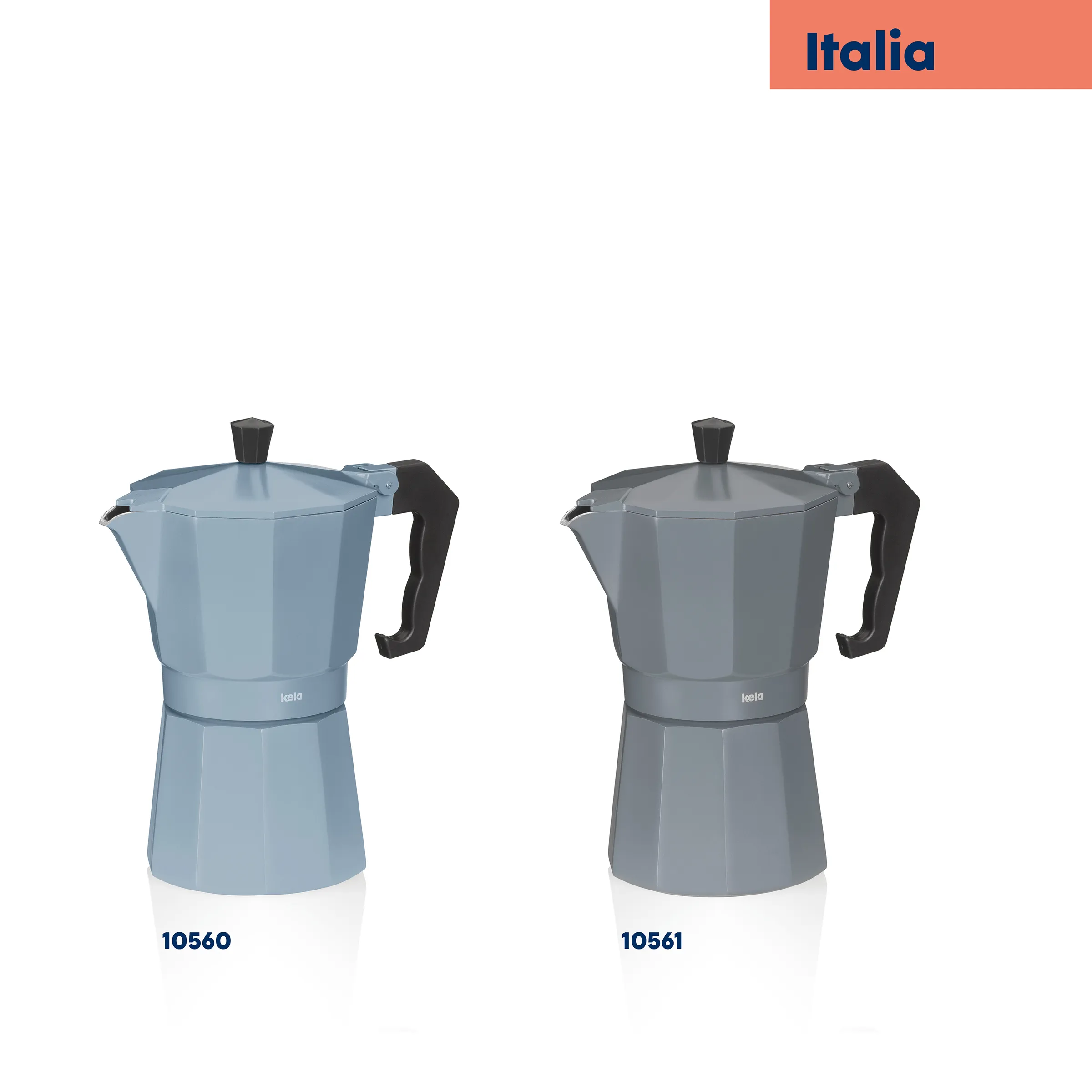 Kela Italia Espressokocher – Klassische Mokkakannen in Hellblau und Grau Zwei Kela Italia Espressokocher in Hellblau und Grau mit schwarzem Griff, Modelle 10560 und 10561