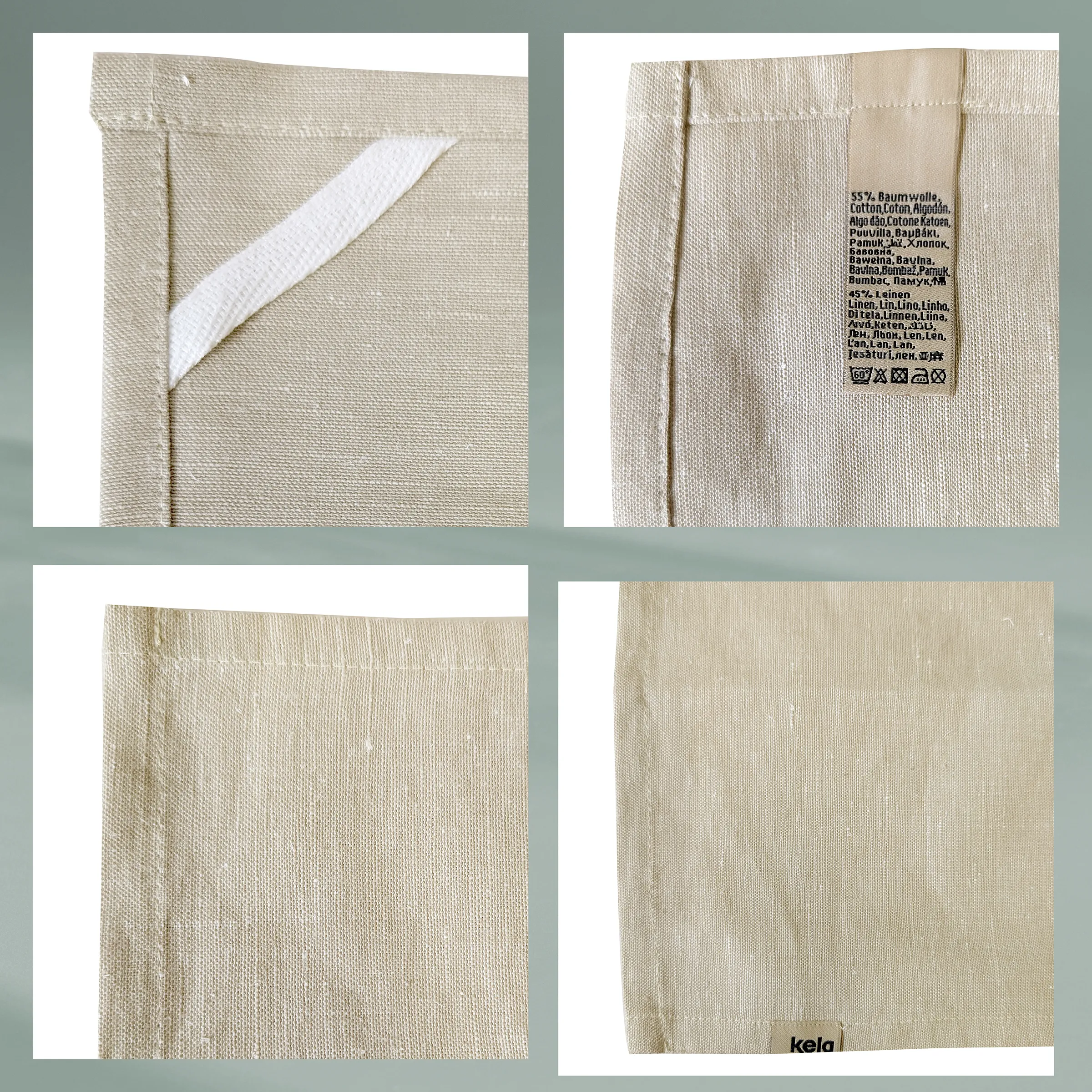 Baumwoll-Leinentasche mit Henkel - Nachhaltige Einkaufstasche Beige Baumwoll-Leinentasche mit weißem Henkel und Pflegeetikett mit Waschanleitung und Zusammensetzung