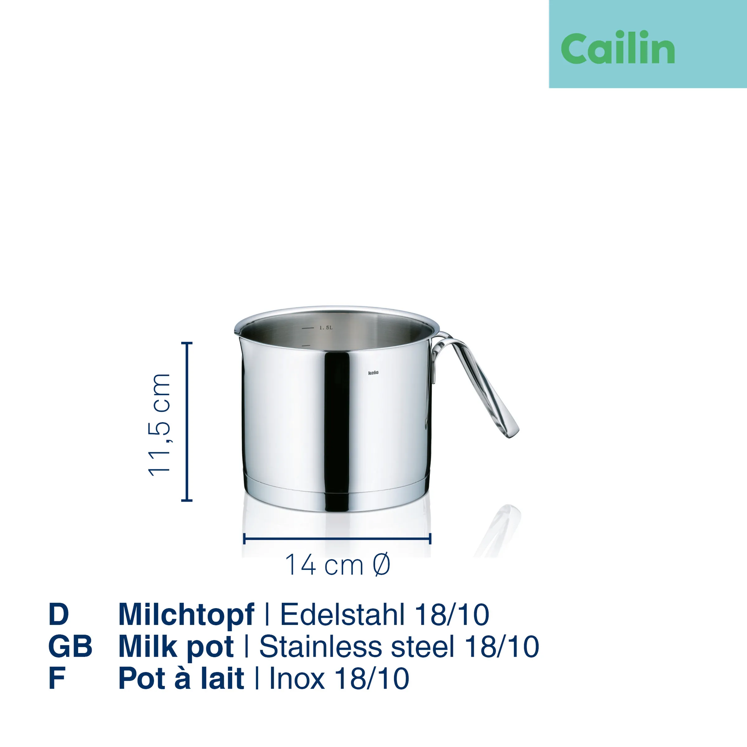 Kela Milchtopf aus Edelstahl 18/10, 14 cm Durchmesser, 11,5 cm Höhe, mit Ausgießrand und ergonomischem Griff