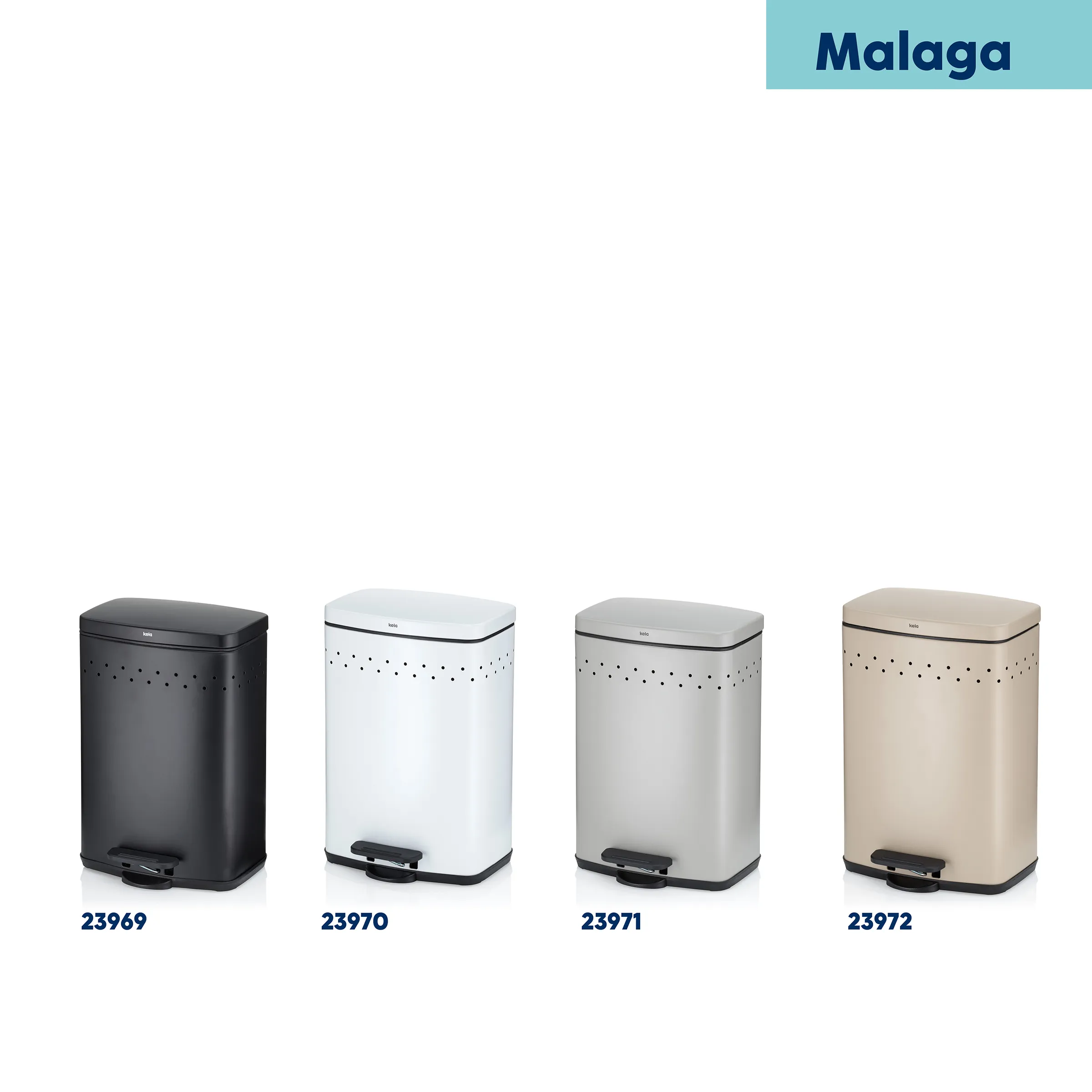 Malaga Treteimer kaufen - 4 Farben Vier Malaga Treteimer in verschiedenen Farben: Schwarz, Weiß, Silber und Beige mit perforiertem Deckel.