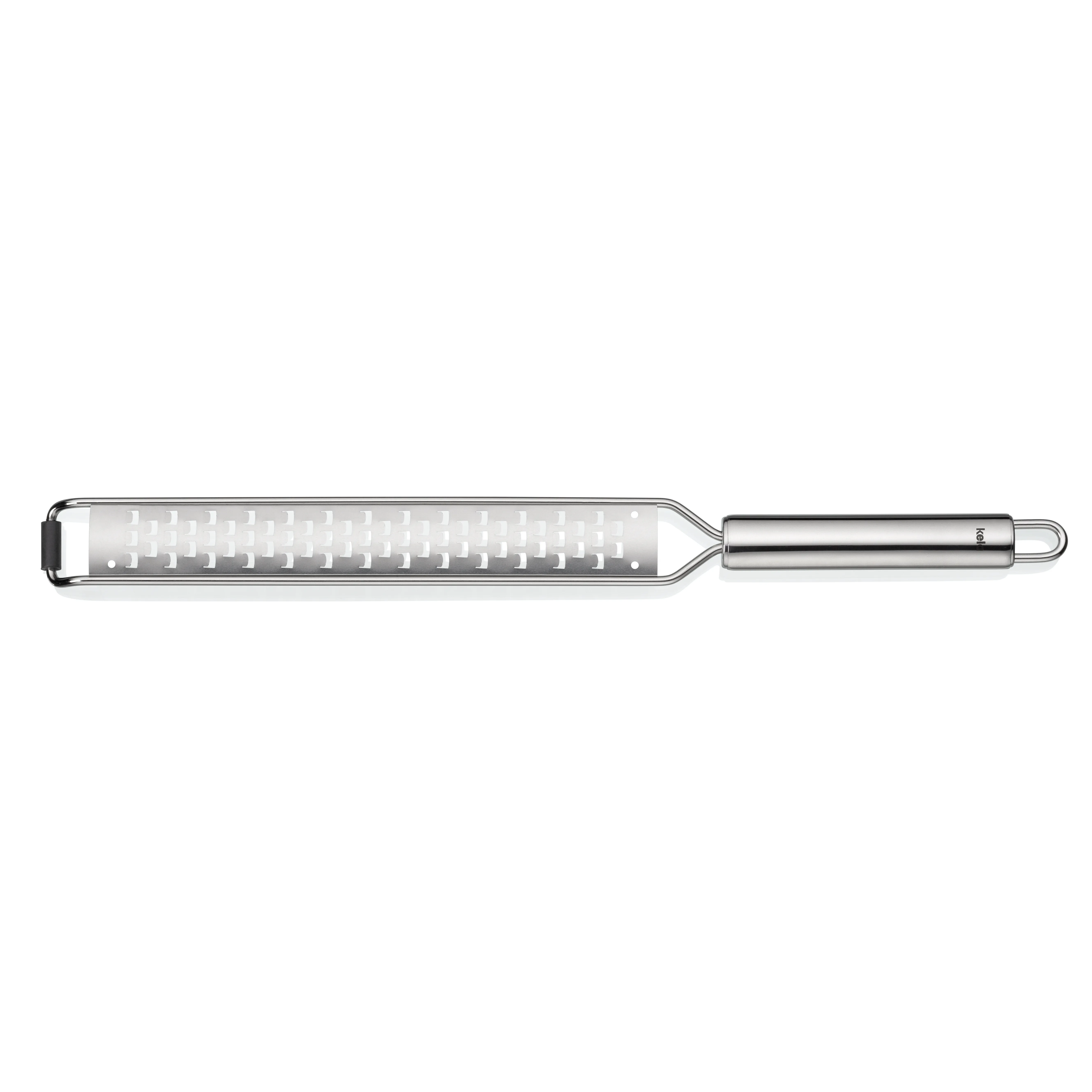 Microplane Reibe | Edelstahl Küchenreibe Flache Microplane-Reibe aus Edelstahl mit schwarzem Griff und weißer Raspelfläche auf hellem Hintergrund