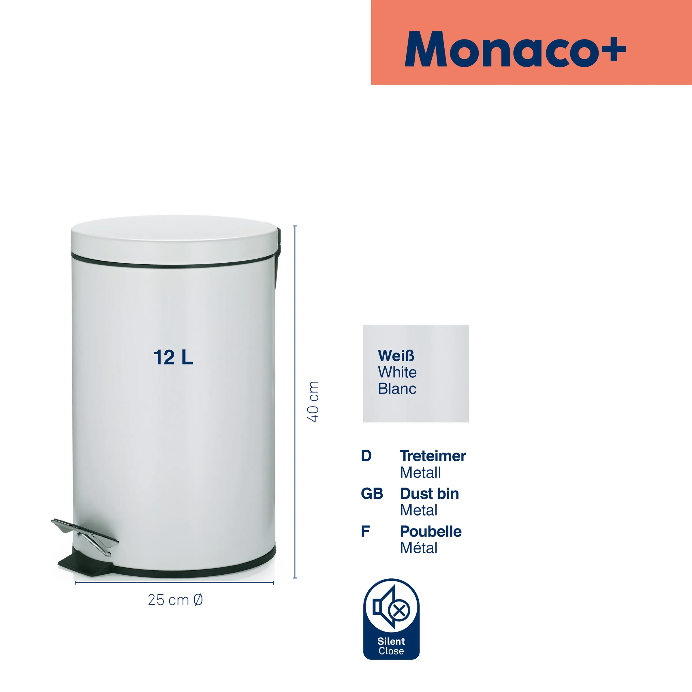 Monaco+ Treteimer 12 Liter weiß Metall Monaco+ Treteimer 12L weiß, 40cm hoch, 25cm Durchmesser, mit Silent-Close Funktion und Metalldeckel