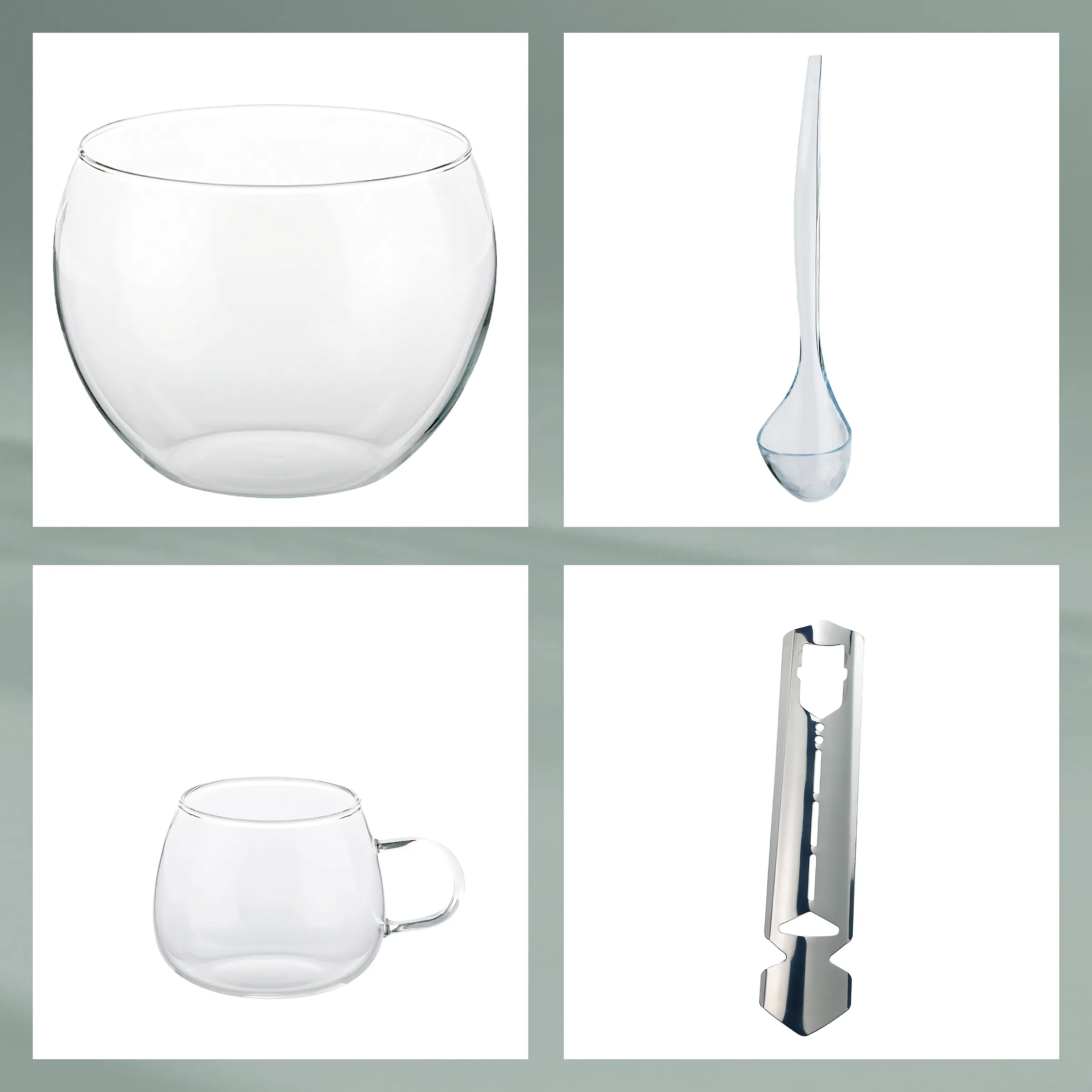 Cocktail-Werkzeugset mit Glasschale, Tasse, Pipette und Stößel - Barkeeper Zubehör Vierteiliges Set mit runder Glasschale, Glastasse mit Henkel, Glas-Tropfpipette und Metallstößel für Cocktails