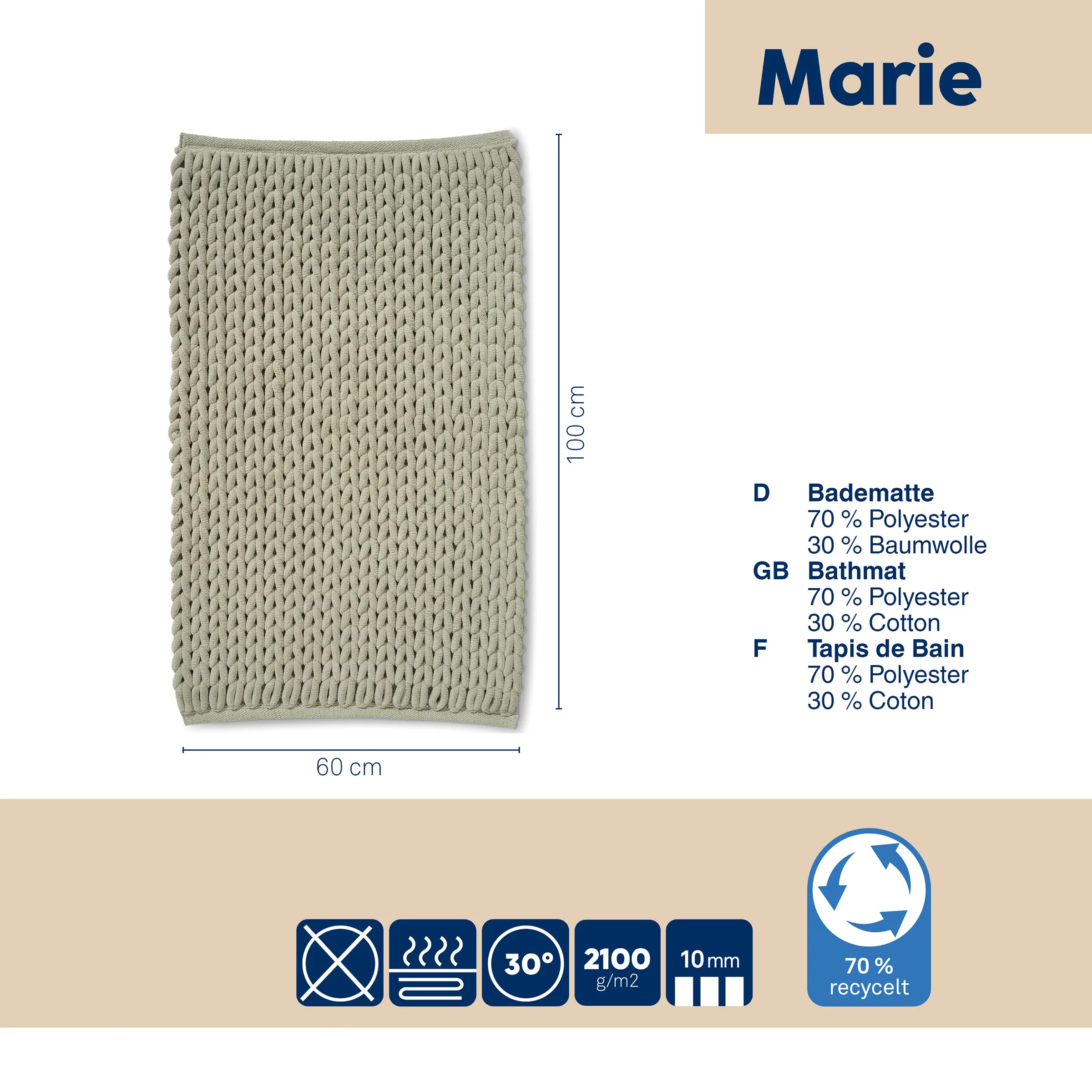 Badematte Marie in Beige, 60x100 cm, strukturierte Webung, 70% Polyester 30% Baumwolle, recycelbar