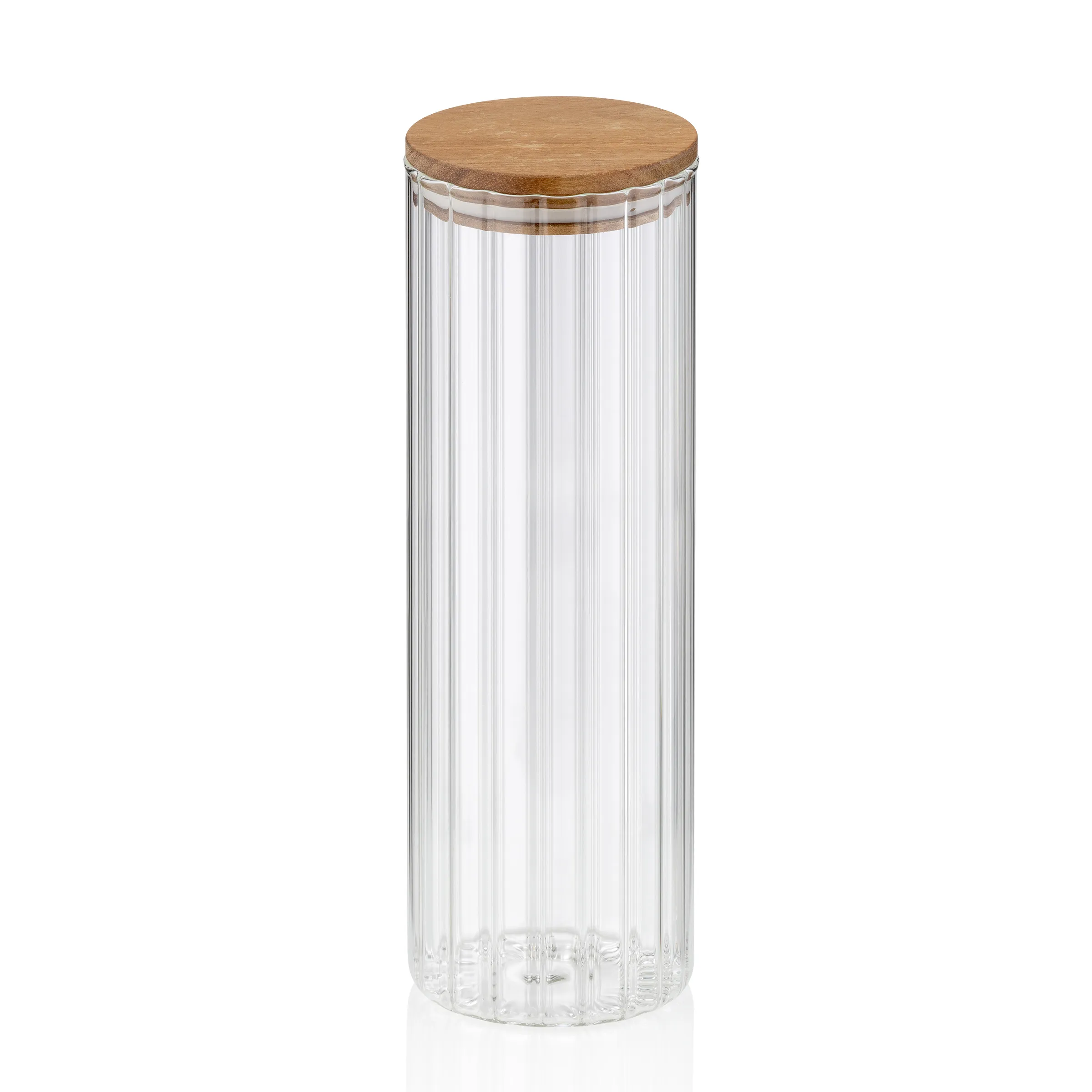 Vorratsglas mit Holzdeckel - Aufbewahrungsbehälter Hohes Vorratsglas aus klarem Glas mit vertikalem Rillendesign und rundem Holzdeckel aus Akazie