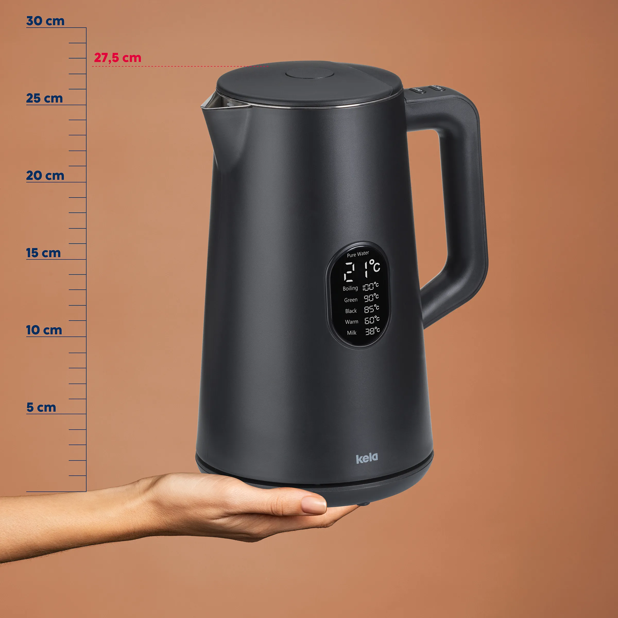 Kela Wasserkocher mit Temperaturregelung und digitalem Display - Elektrischer Wasserkocher Schwarzer Kela Wasserkocher mit Temperaturanzeige und Hand, Höhe 27,5 cm, vor Maßstab