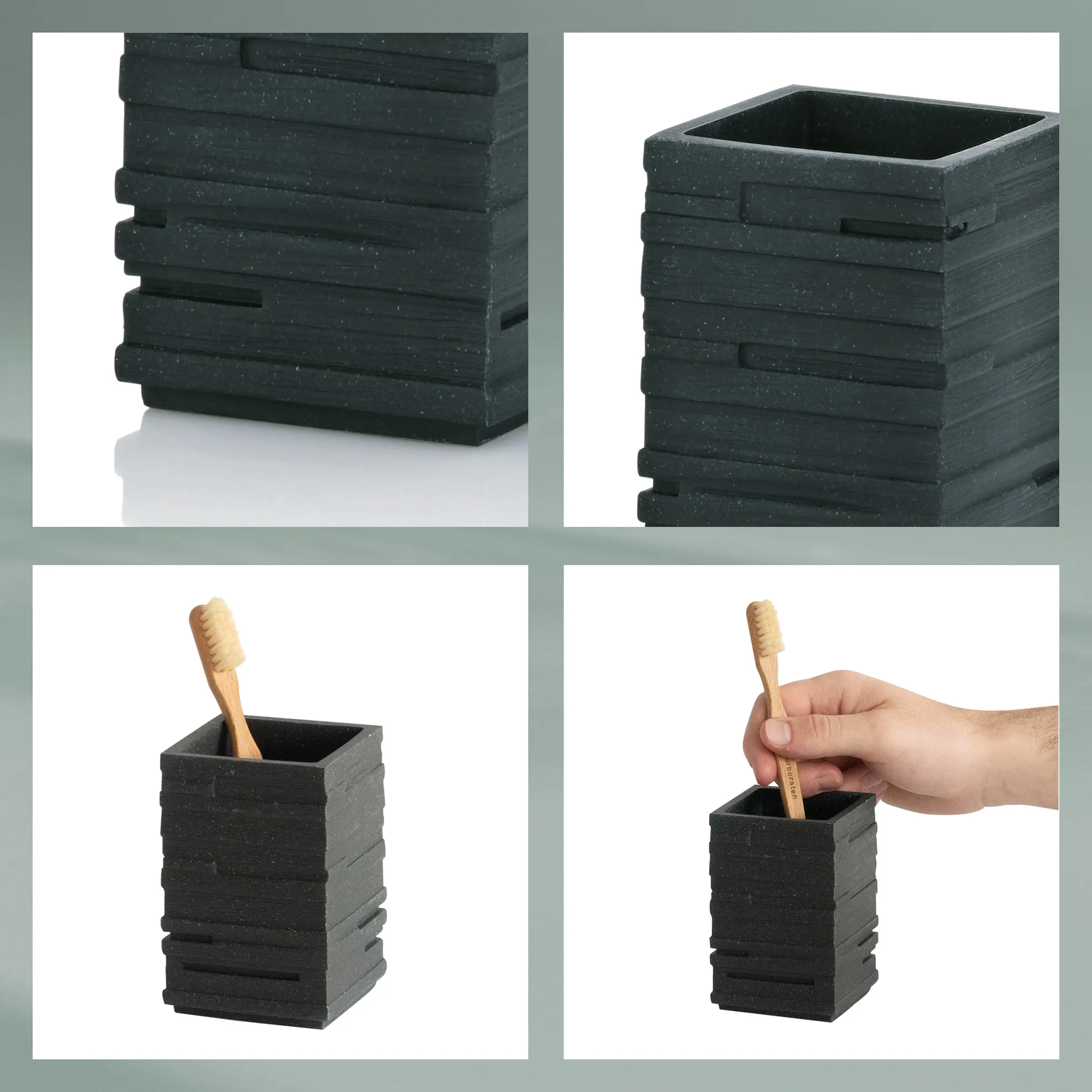 Schwarzer Zahnbürstenbecher aus recyceltem Material mit strukturierter Oberfläche und Bambuszahnbürste