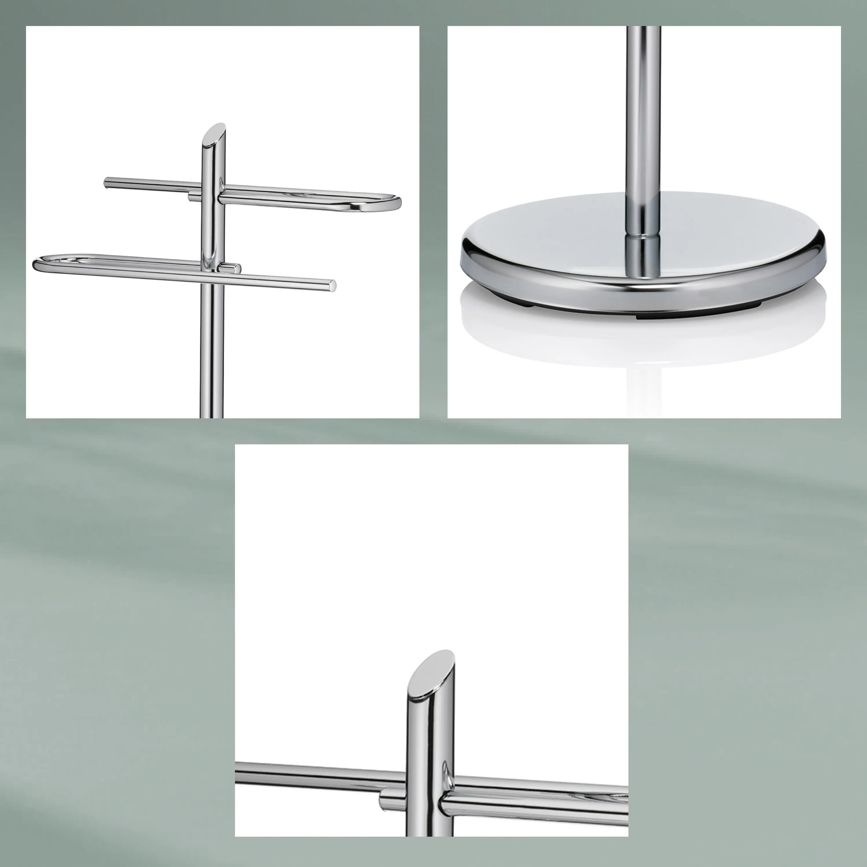 Towel Rack Stand with Stainless Steel Base - Details Detail views of a towel rack stand with holding arms and round stainless steel base plate from different angles