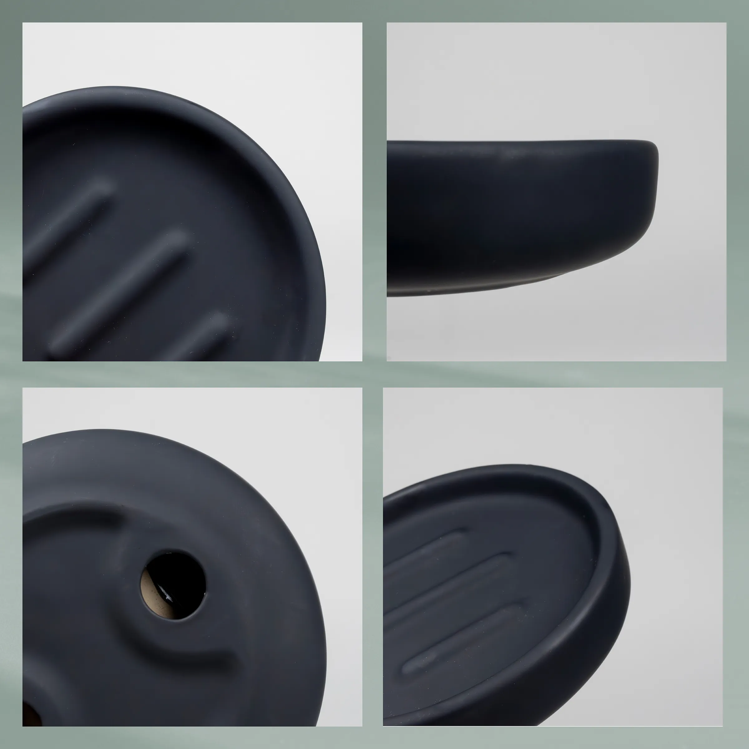 Schwarze Keramikschale matt – handgefertigte Schale mit organischer Form Matte schwarze Keramikschale mit organischer Form in Nahaufnahme von vier Perspektiven