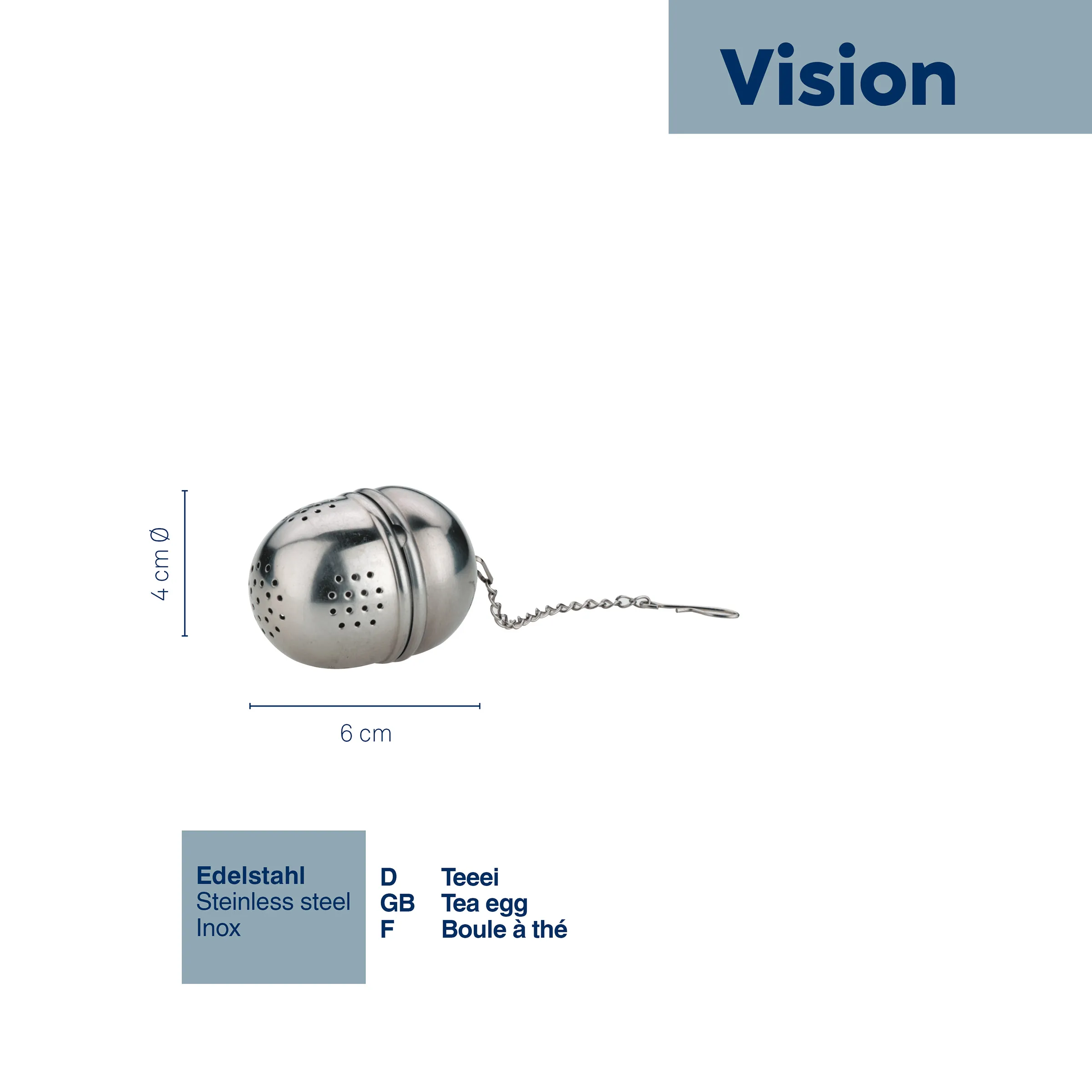 Tee-Ei Edelstahl mit Kette - Vision Teesieb kugelförmig Edelstahl Tee-Ei mit Kette, kugelförmig mit Perforierung, 6 cm breit und 4 cm hoch
