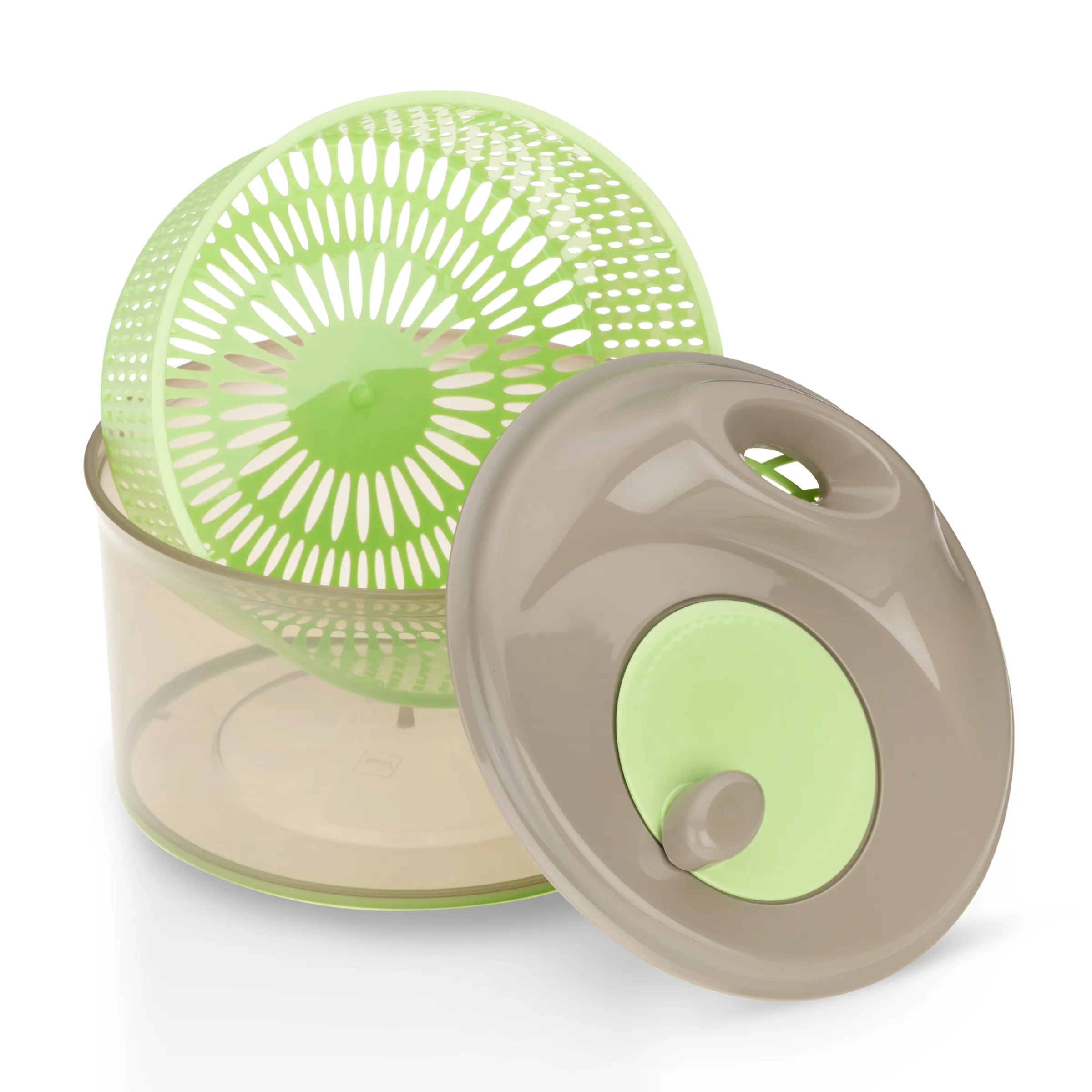 Tragbarer Mini-Ventilator - kompakt und zerlegbar Grün-beiger tragbarer Ventilator mit auseinandergenommenem Deckel, zeigt grüne Lüfterblätter und beige Kunststoffgehäuse