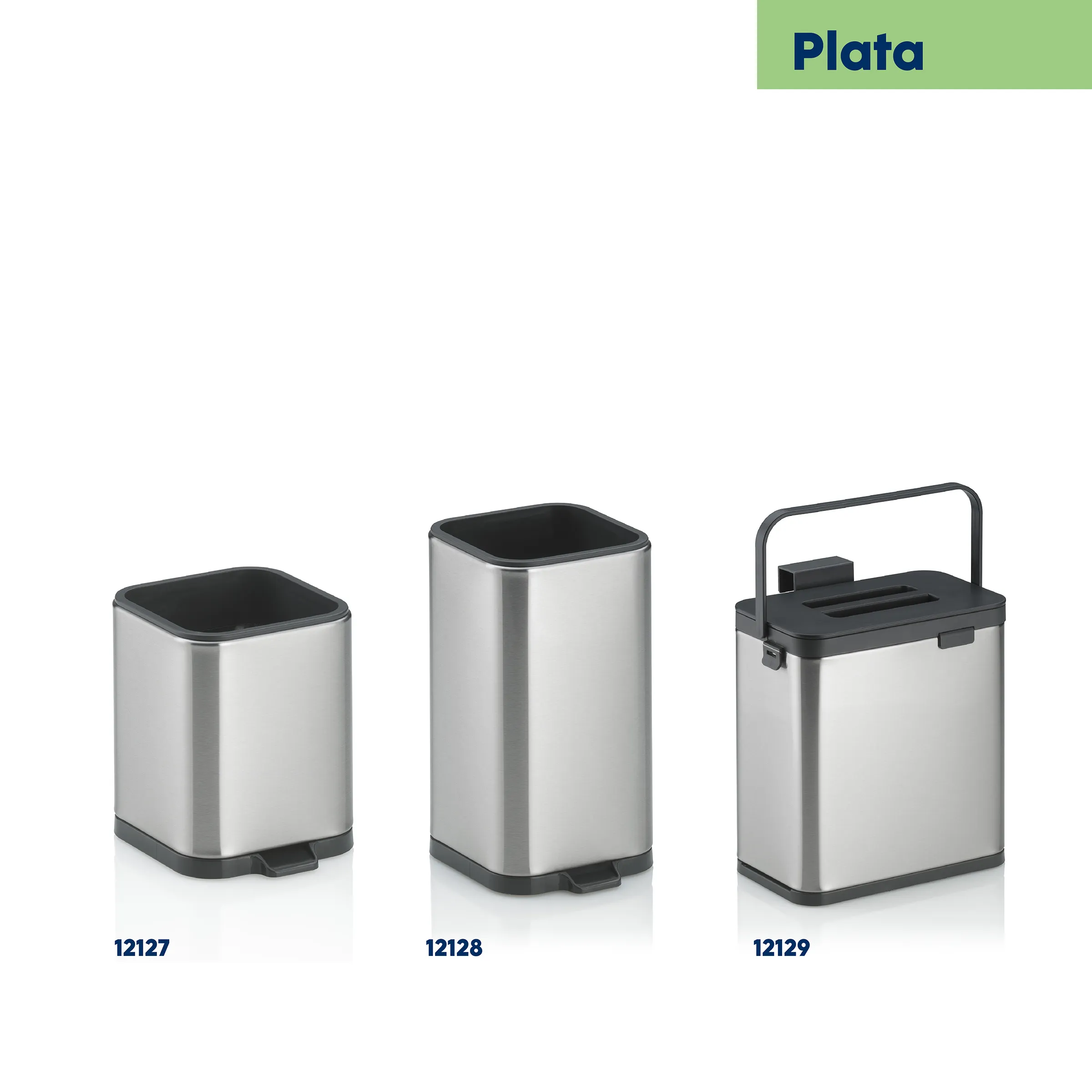 Drei Plata Abfalleimer aus Edelstahl mit schwarzen Deckeln in verschiedenen Größen, Modelle 12127, 12128 und 12129