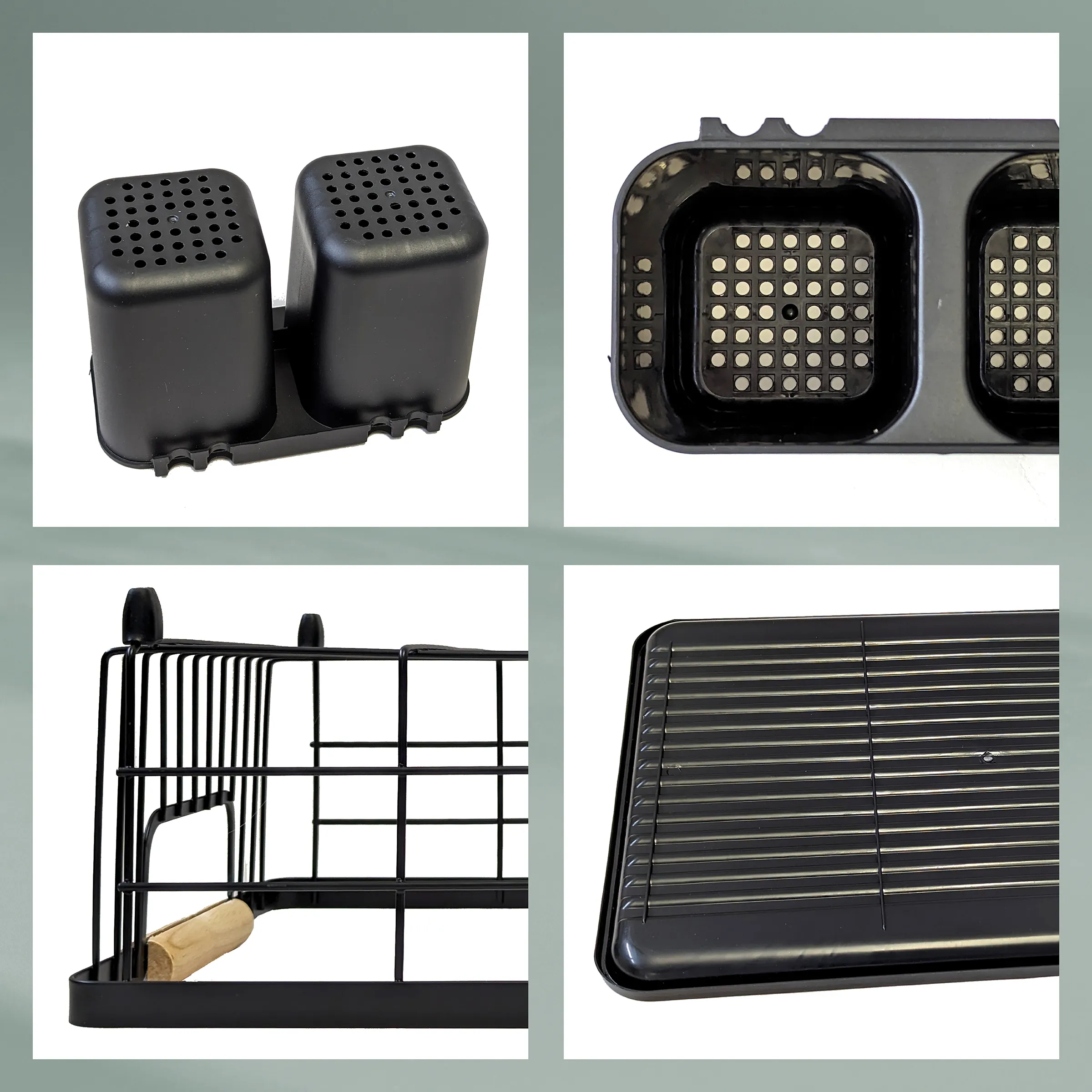 Elektrischer Tischgrill mit Rost und LED-Beleuchtung - Detailansicht Grillrost Schwarzer Grillrost mit ausziehbarem Rost, LED-Elementen und Lüftungsschlitzen in vier Detailansichten