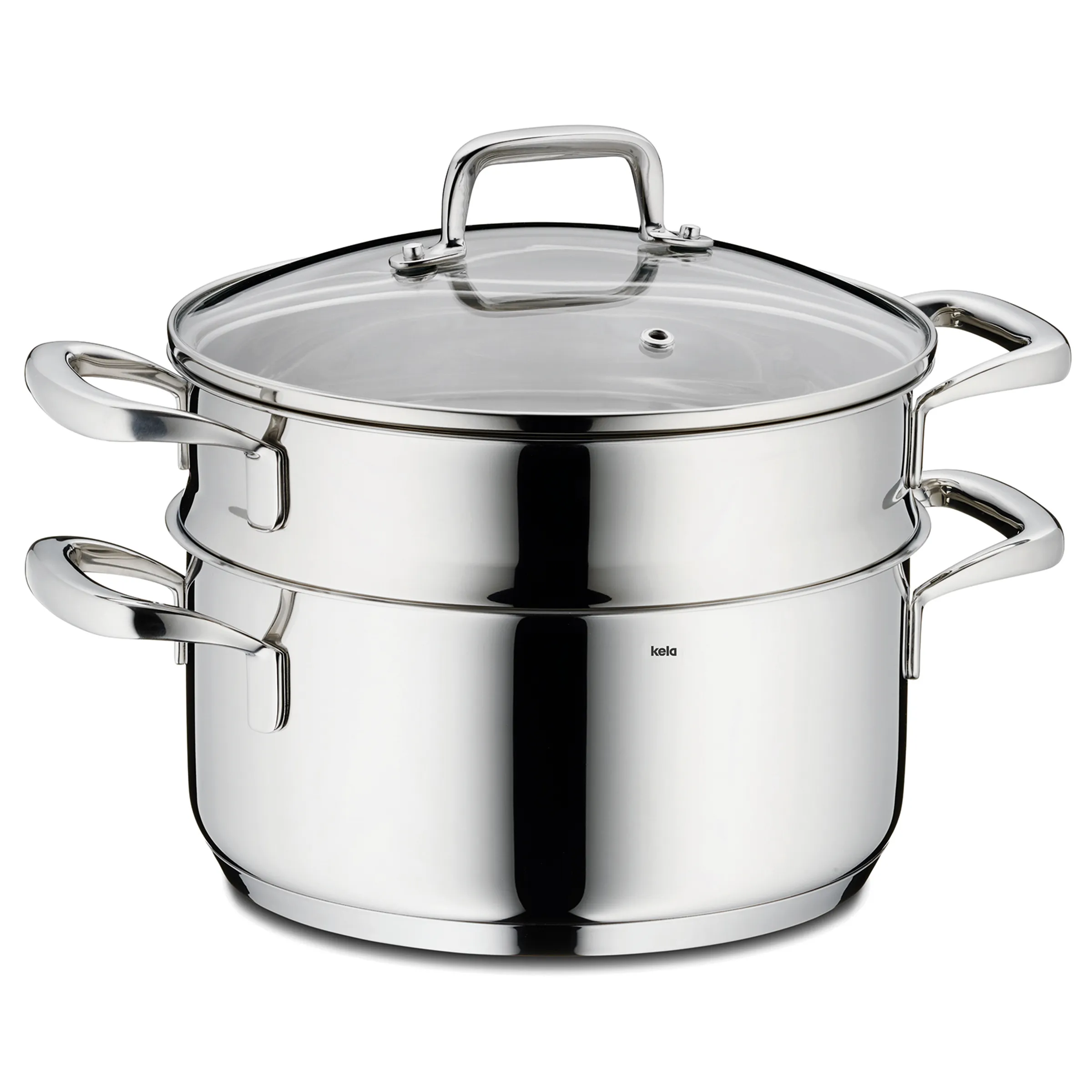 Edelstahl Dampfgarer - Profi Kochset mit zwei Sieben Edelstahl-Dampfgarer mit zwei Ebenen, Glasisdeckel und Metallegriffen, Marke kela