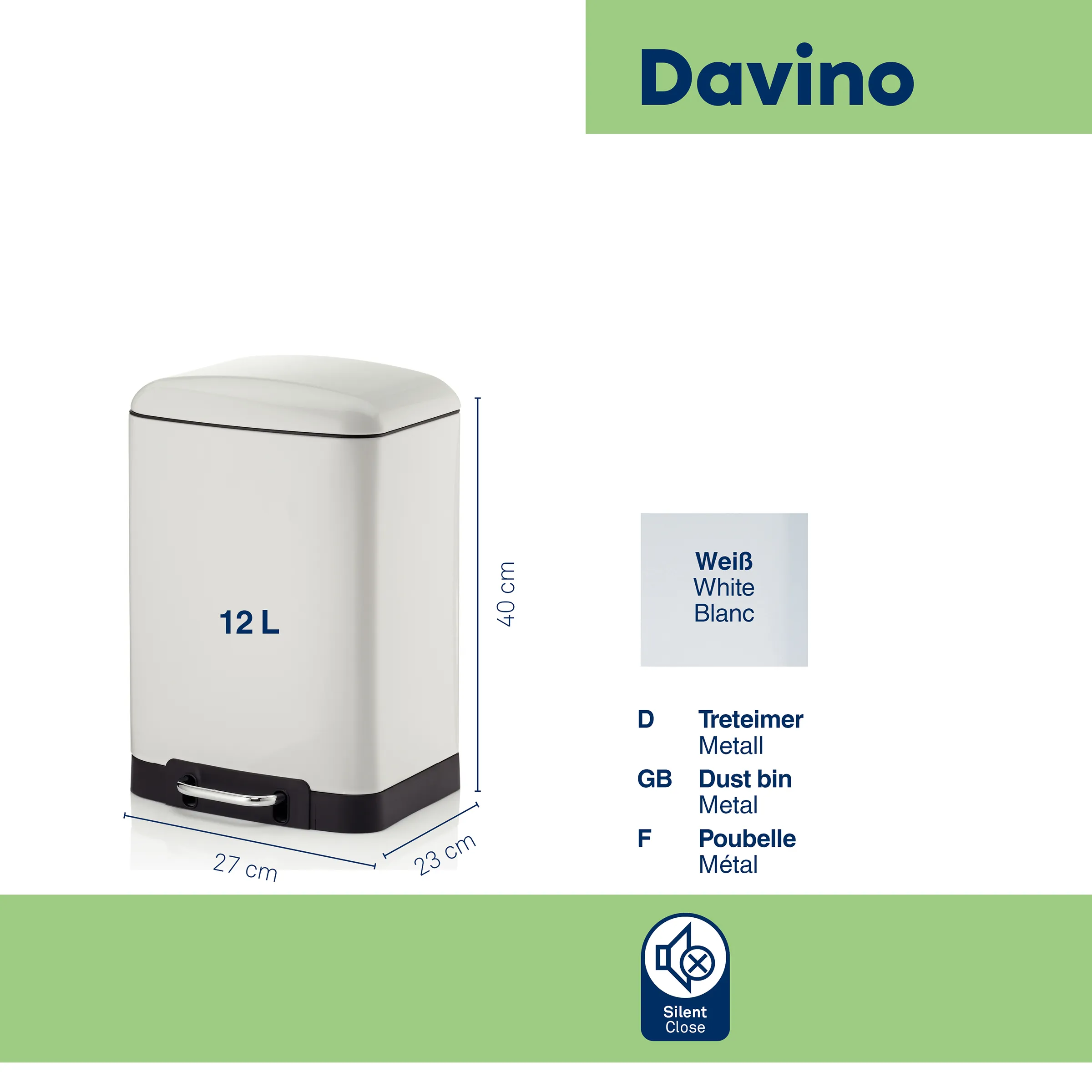 Davino 12L Treteimer Metall weiß Silent Close Mülleimer Davino 12L Treteimer Metall weiß mit Silent Close, 40cm hoch, 27x23cm Grundfläche