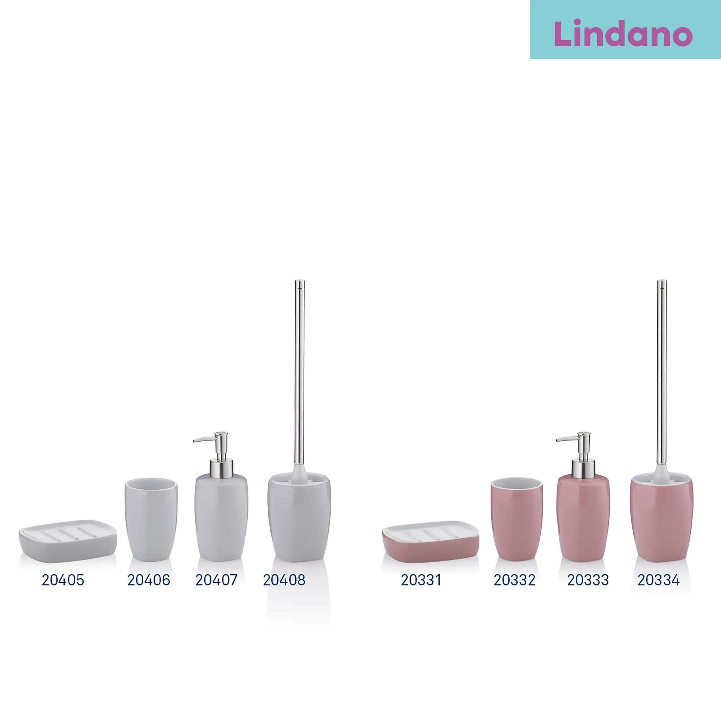 Lindano Badezimmer-Accessoires Set – Seifenspender, WC-Bürste, Zahnputzbecher in Grau und Rosa Lindano Badezimmer-Accessoire-Sets in Grau und Rosa: Seifenschalen, Becher, Seifenspender und WC-Bürsten