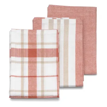Drei Geschirrtücher aus Baumwolle mit kariertem und gestreiftem Muster in Rosa, Weiß und Beige