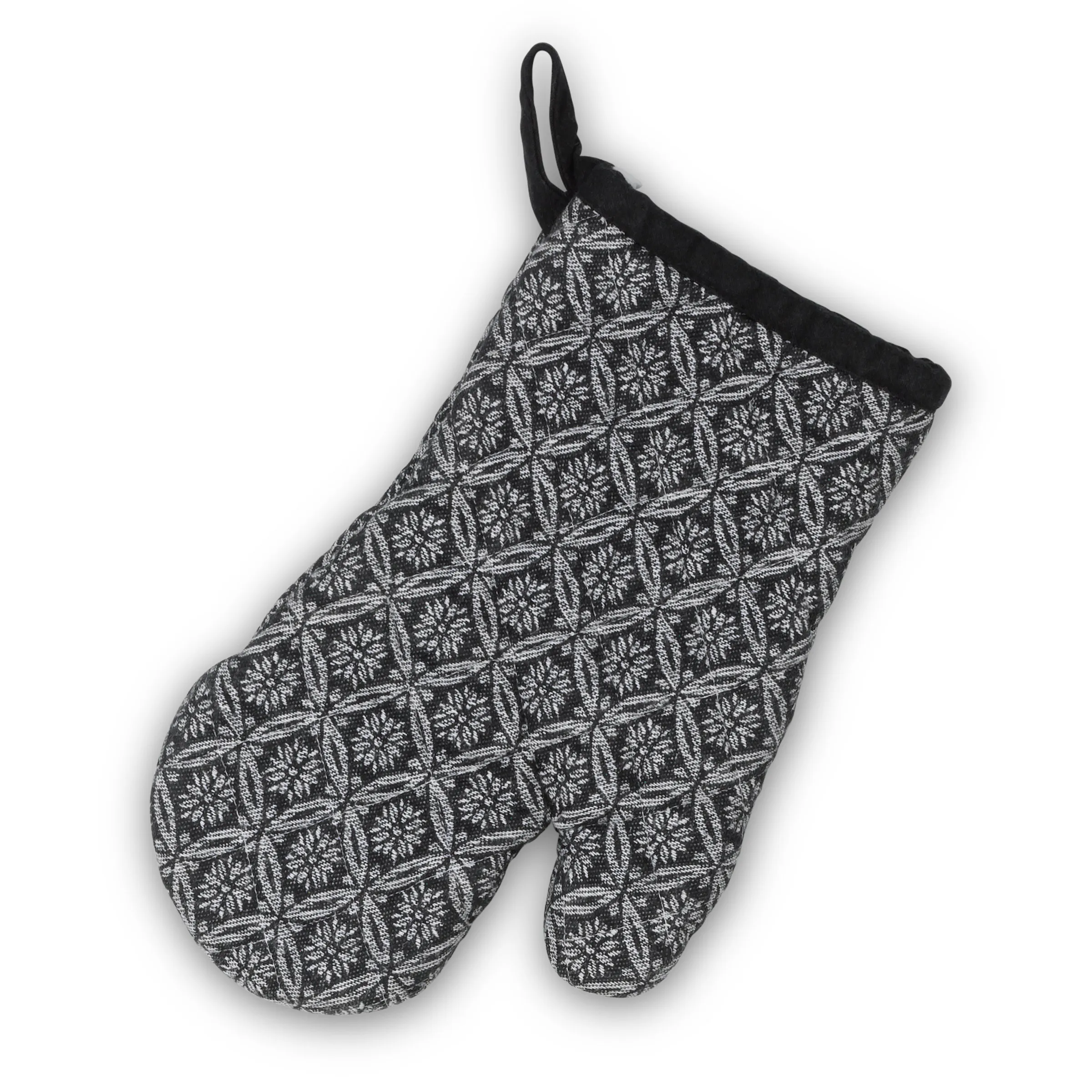 Schwarze Küchenhandschuhe mit Schneeflocken-Muster und Baumwollfutter, mit schwarzem Aufhänger.