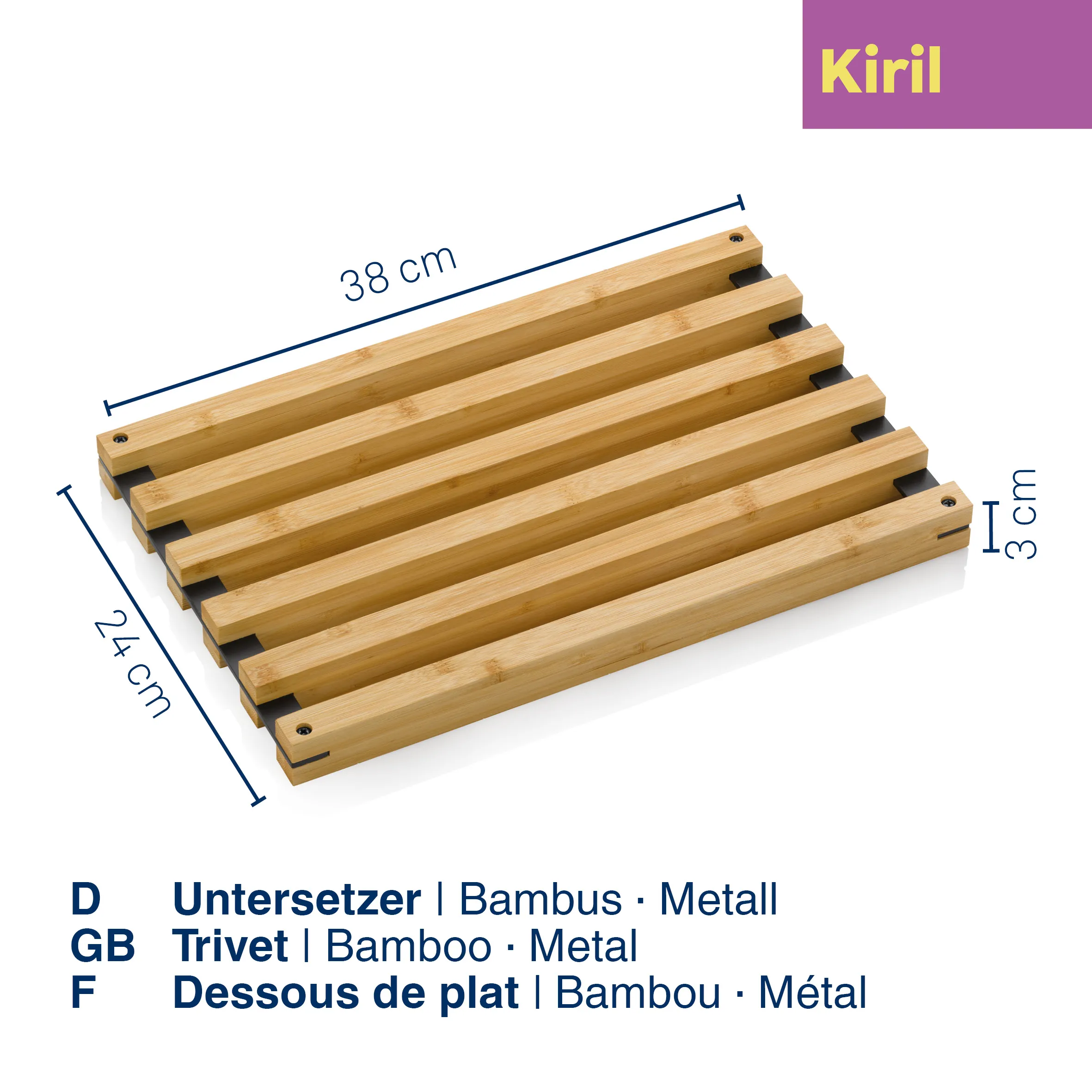 Kiril Bambus Untersetzer mit Metall - 38x24 cm Topfuntersetzer Kiril Bambus-Metall Untersetzer 38x24x3 cm mit sichtbaren Maßen auf weißem Hintergrund
