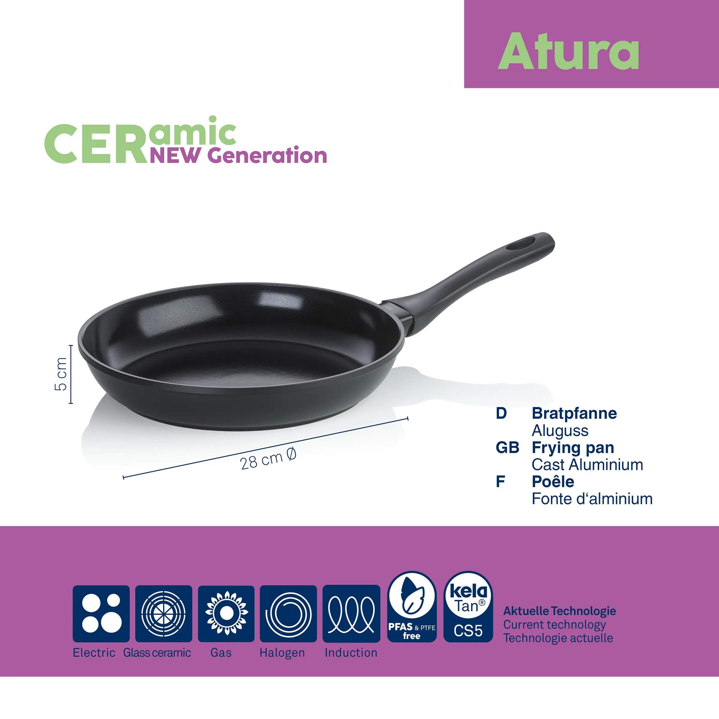 Atura Bratpfanne 28cm Aluguss Ceramic New Generation Schwarze Aluguss-Bratpfanne Atura 28 cm mit Keramik-Glasemail und schwarzem Kunststoffgriff