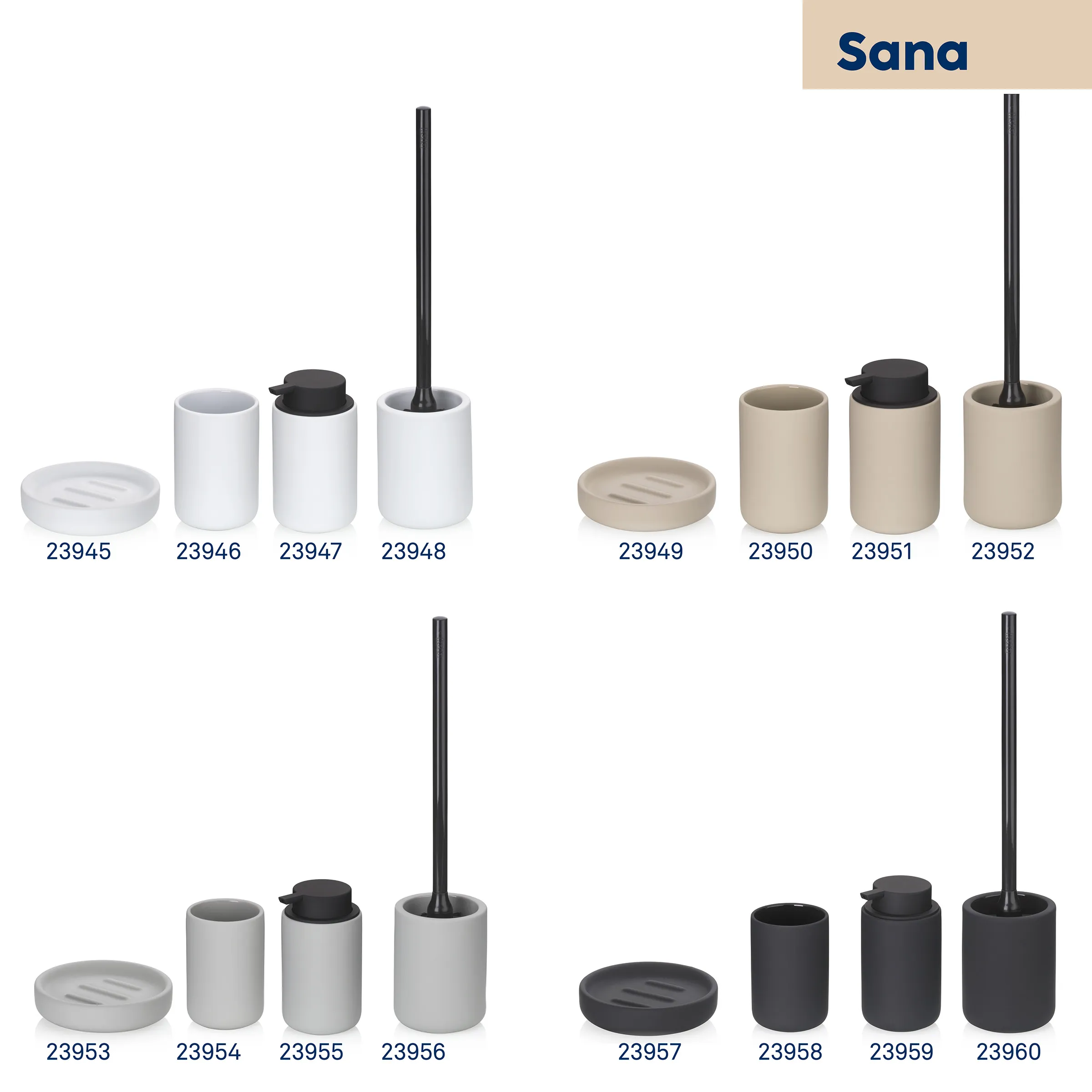 Sana Badezimmer-Accessoires in vier Farbvarianten: weiß, beige, grau und schwarz mit Seifenspender und WC-Bürste