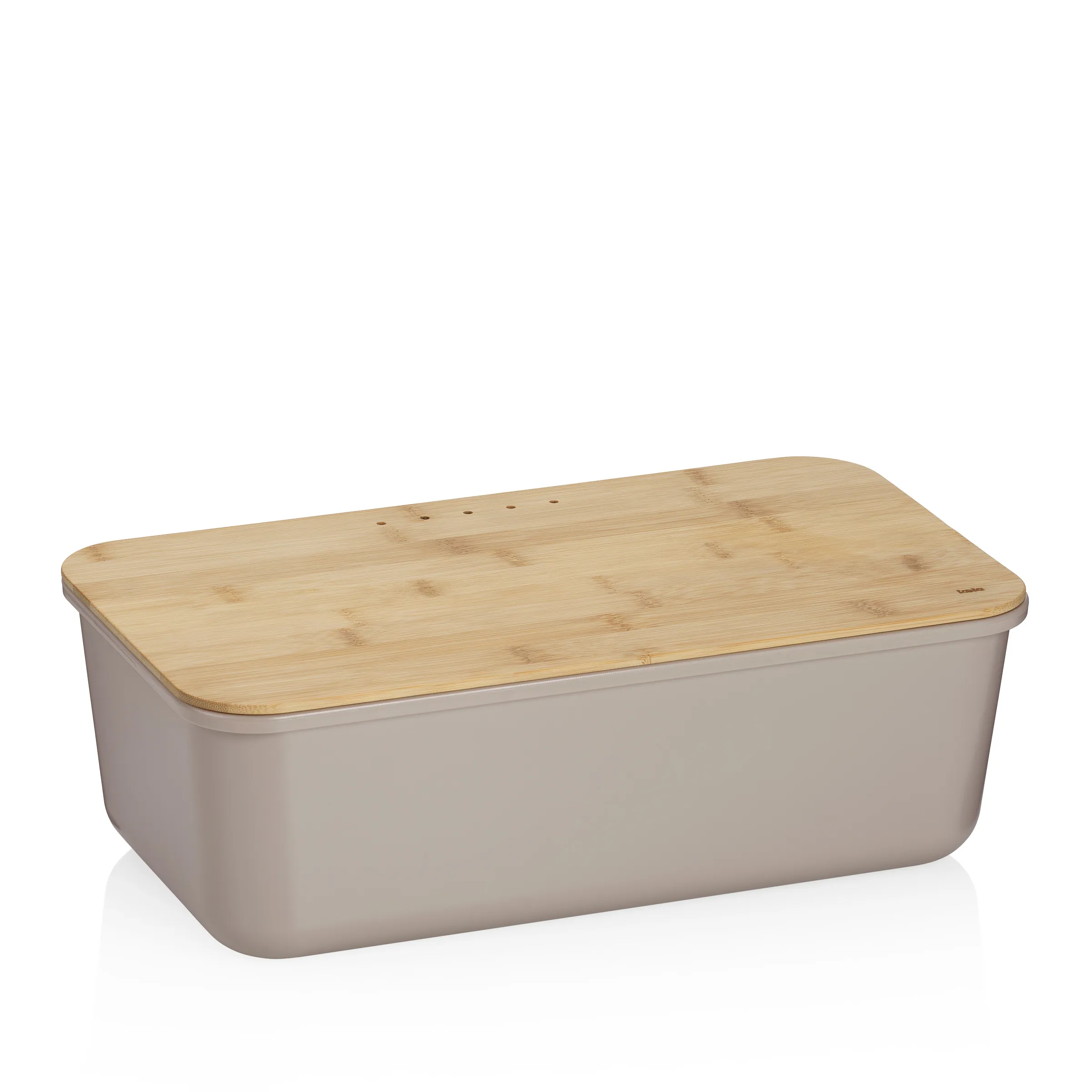Brotkasten mit Bambusdeckel - Stilvolle Brotaufbewahrung in Taupe Brotkasten aus Metall in Taupe mit Bambusdeckel und Belüftungslöchern