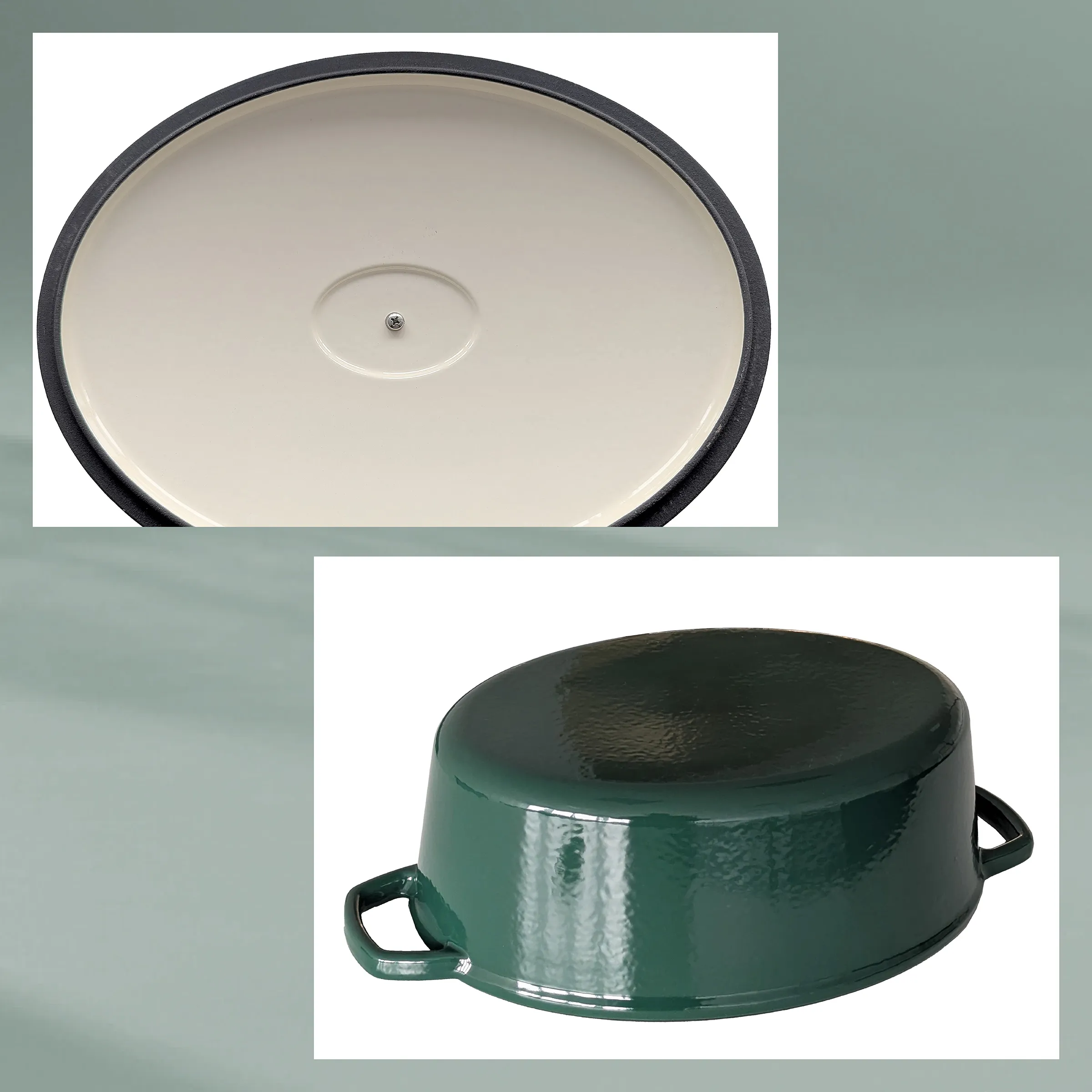 Emaillierter Gusseisen-Bräter grün mit Deckel Gusseisen-Bräter mit grüner Emaillebeschichtung und cremefarbener Innenseite mit passendem Deckel
