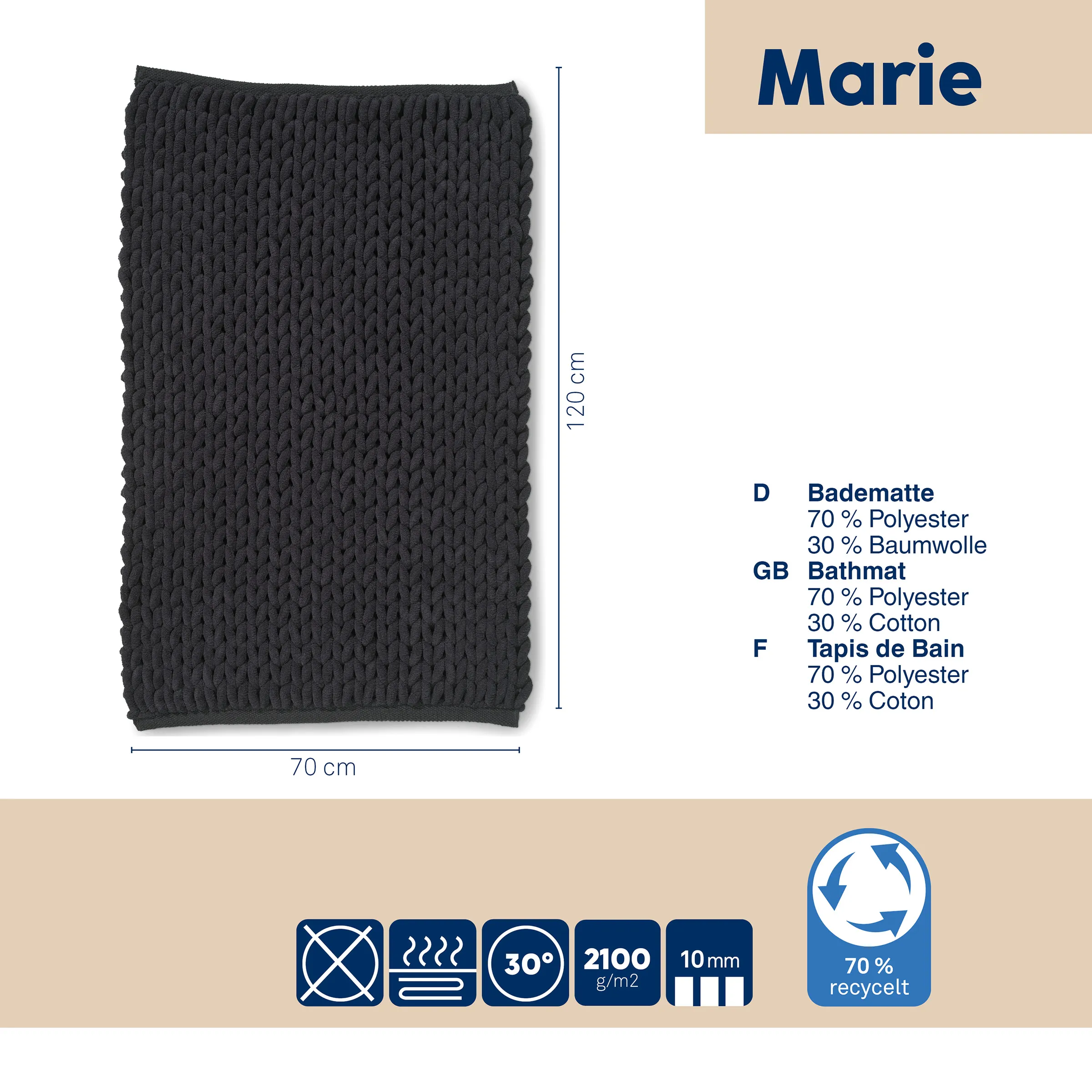 Marie Badematte 70x120 cm in Anthrazit mit strukturierter Oberfläche, 70% Polyester, 30% Baumwolle