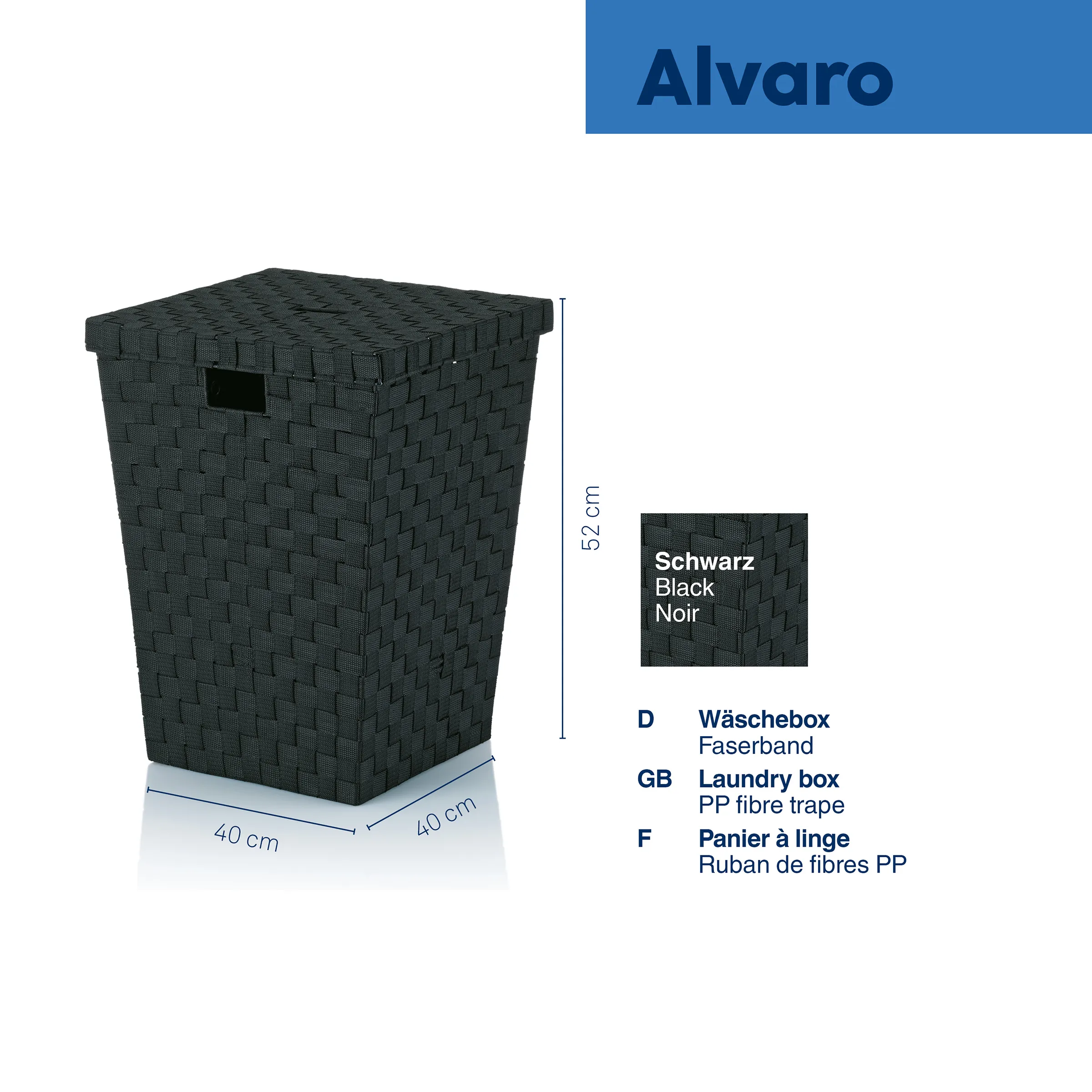 Wäschebox Alvaro schwarz - Wäschekorb PP-Faserband Schwarze Wäschebox Alvaro aus PP-Faserband mit Deckel, 40x40x52 cm, quadratische Form