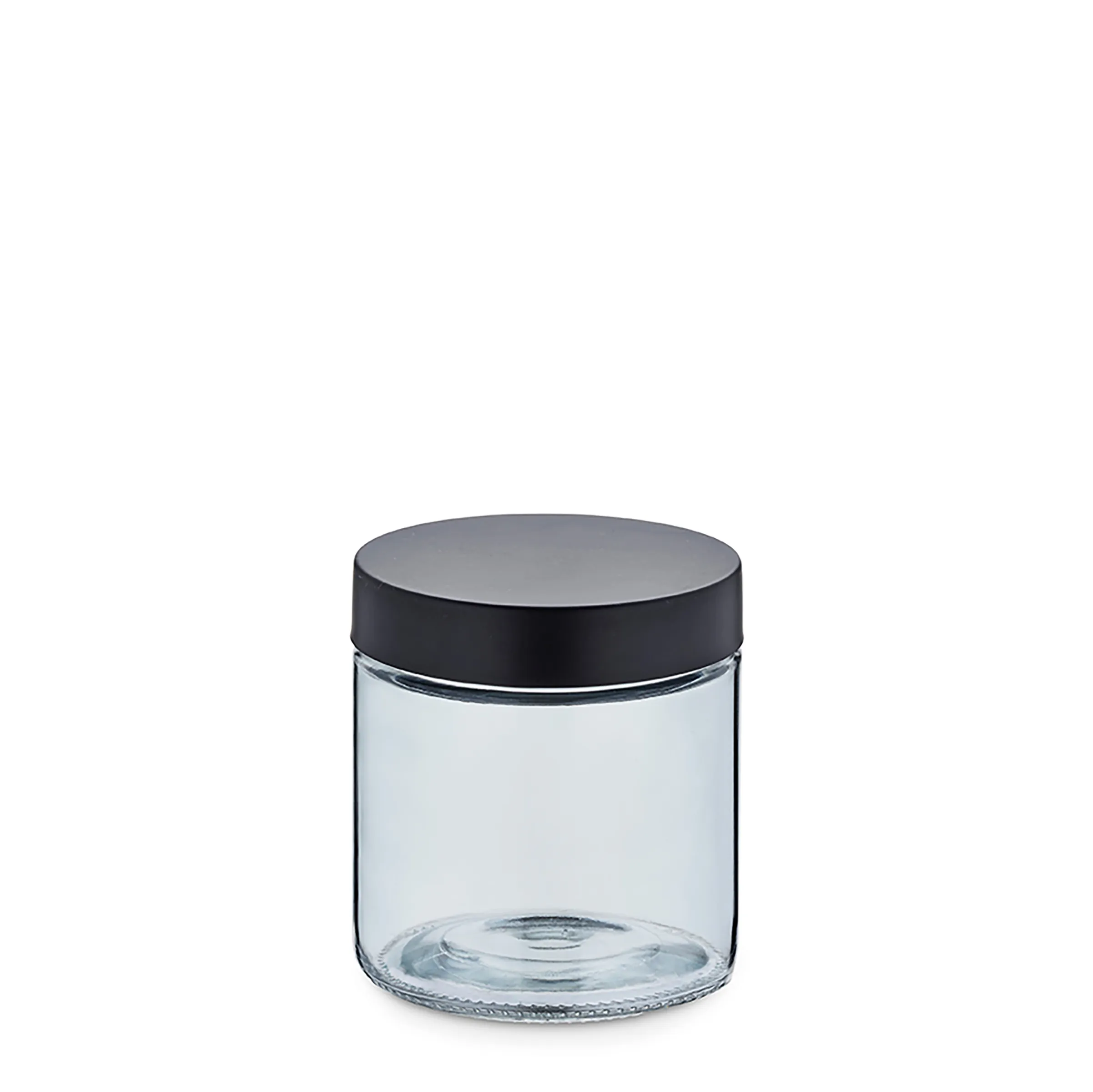 Vorratsglas mit Schraubdeckel - Luftdichter Glasbehälter für Küche Durchsichtiges Glasgefäß mit schwarzem Schraubdeckel auf weißem Hintergrund