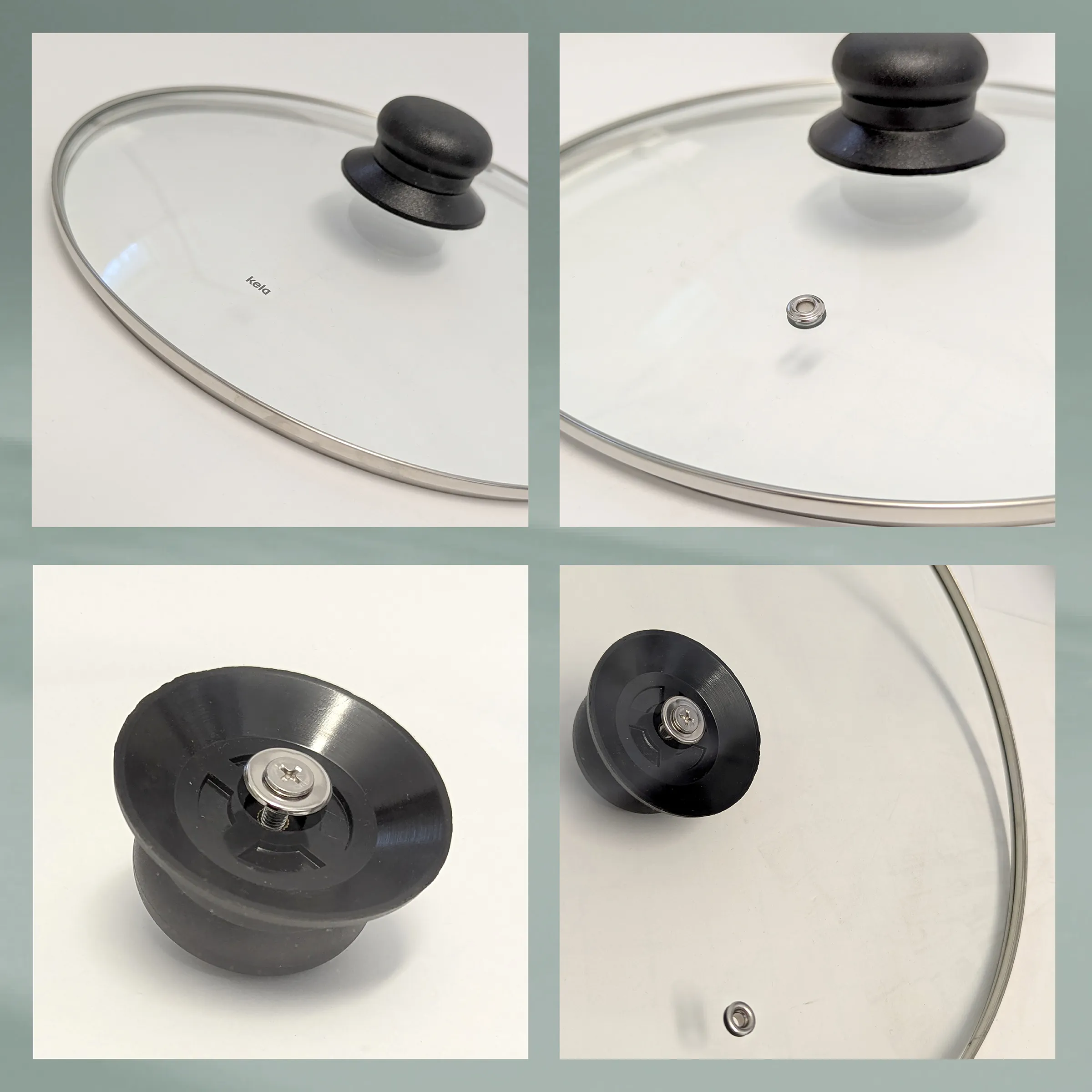 Glasdeckel mit Dampfventil und ergonomischem Griff für Töpfe und Pfannen Glasdeckel mit schwarzem Kunststoffgriff und Dampfventil in vier Detailansichten